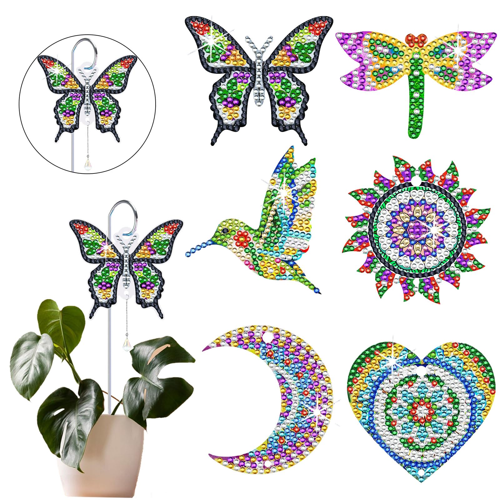 HTTDMY 6 Pcs Diamond Art Kits for Adults, Diamond Painting Crafts Stakes with Pendant for Garden Home Decoration (Mandala)