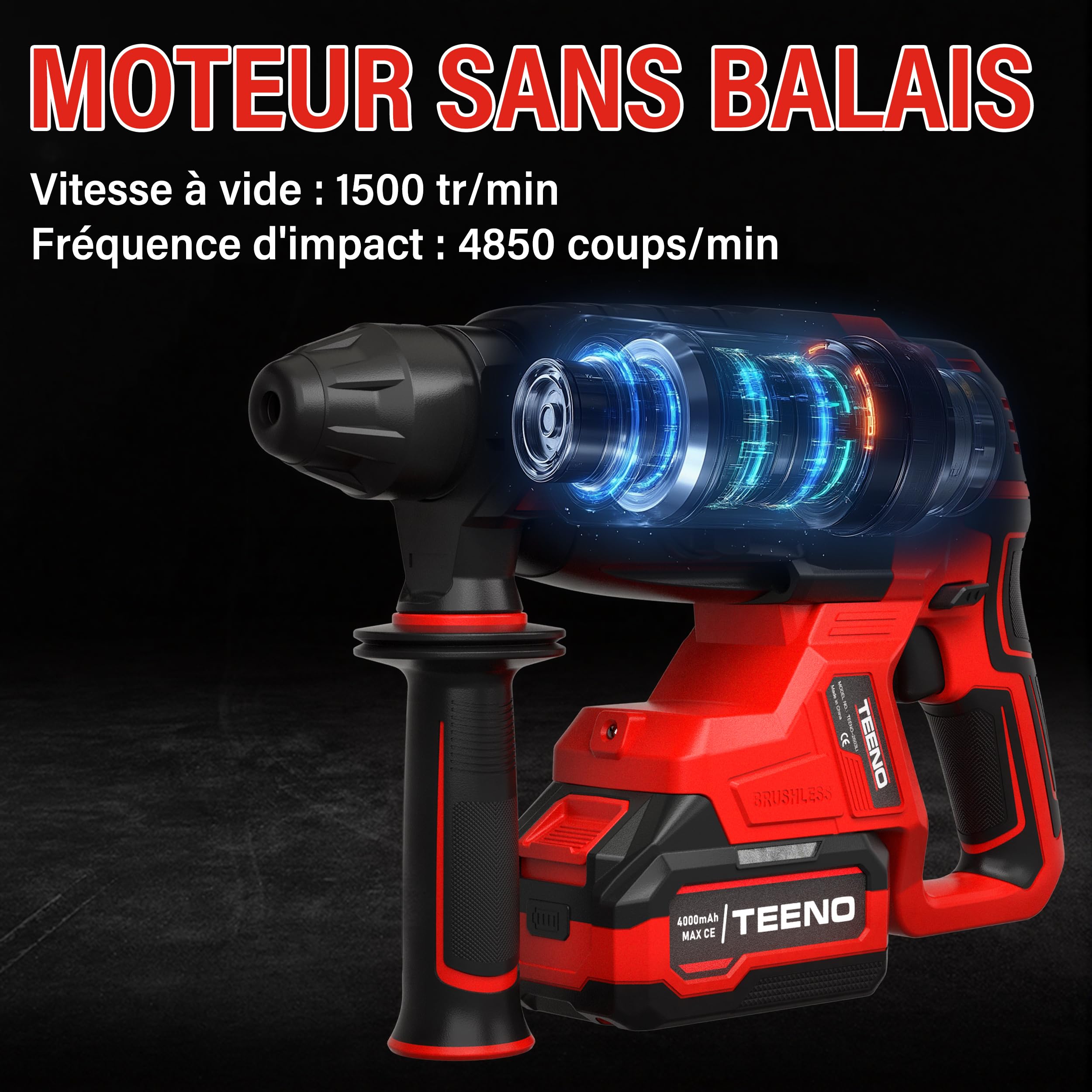 TEENO Marteau Perforateur sans Fil 20V Brushless, 2 Batteries 4.0Ah & Chargeur, 1500RPM, 4850BPM, SDS-PLUS, LED, Design Antivibration, Perforateur Burineur avec 8 Accessoires et Coffret