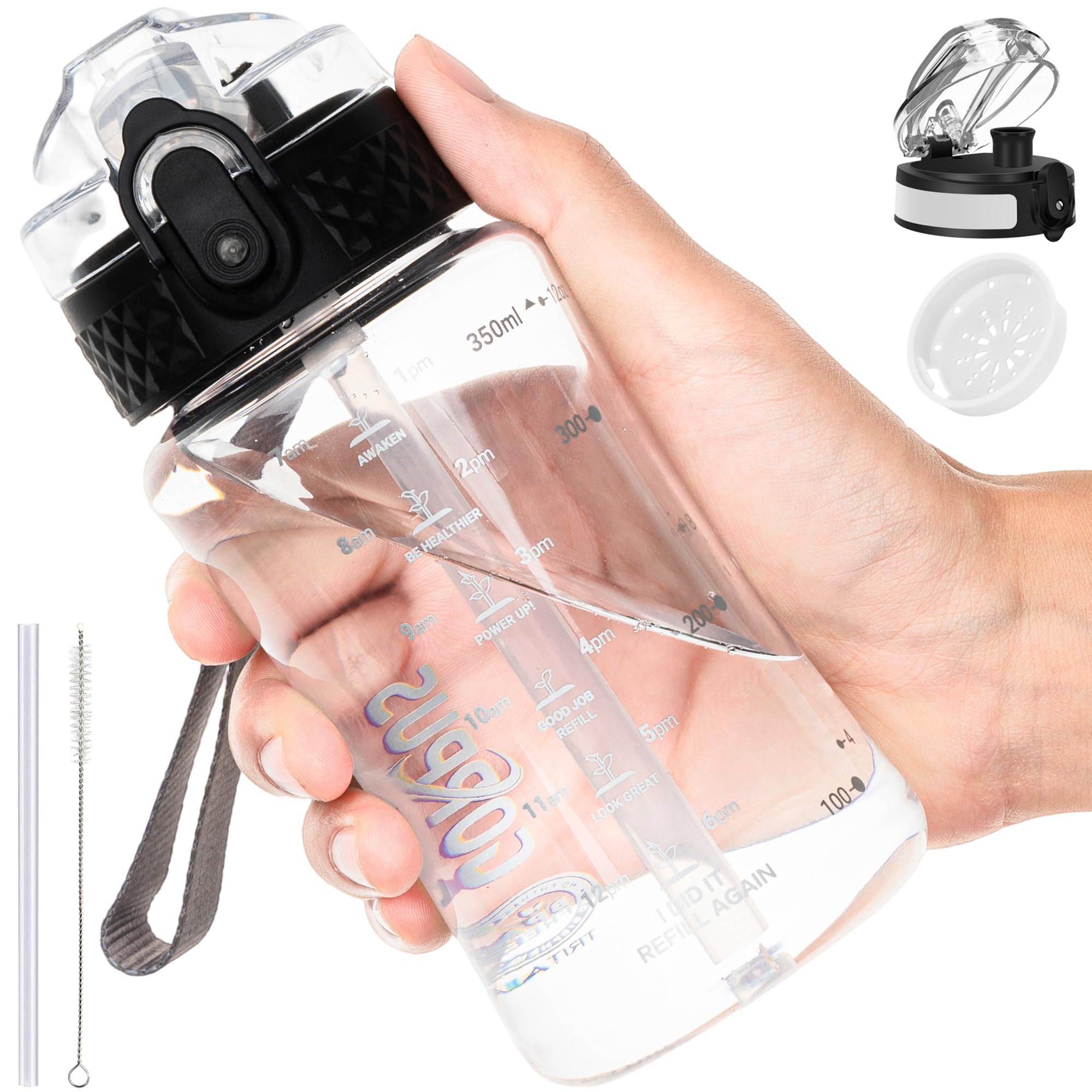GOPPUS 350ml/12oz Kids Water Bottle With Straw Tritan Drinks Bottle with Strap Small Toddler Juice Bottles with Flip Top Lid Leakproof Children's Cup with Time Marking BPA free Girl Boy (Transparent) — image 1