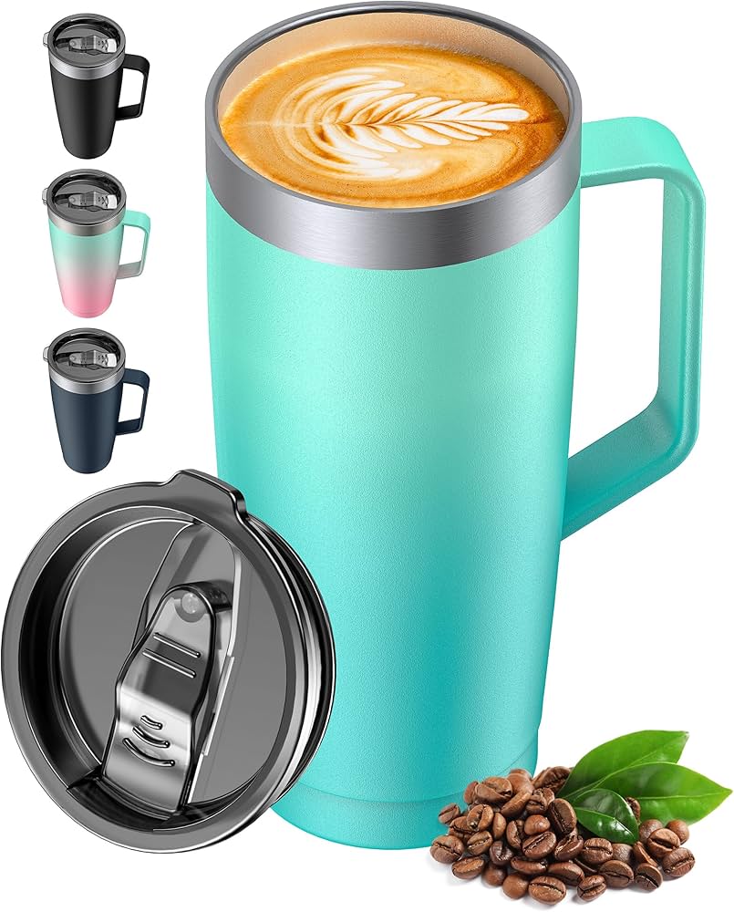 LyriFine Travel Mug with Handle, Od335 24oz Insulated Coffee Mug with Lid, Travel Mugs for Hot and Cold Double-Wall Vacuum Stainless Steel & Sliding Lid for Daily Life, Travel, Office, Green