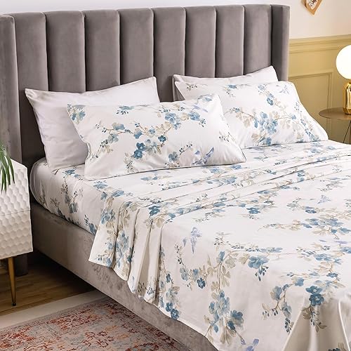 Miniatura 3 de QSH Juego de 2 fundas de almohada 100 % de algodón egipcio con estampado de flores de pájaros azules para cama Queen, fundas de almohada con cierre
