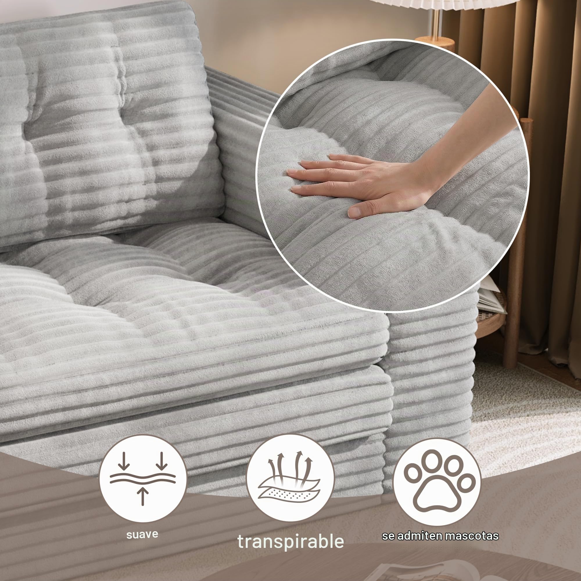 Xbro Sofa Cama 2 Plazas, Sillón Cama Convertible 3 en 1, Sofa Comprimido para Sala de Estar, Tela de Pana, 150 x 86 x 75cm, Gris Claro