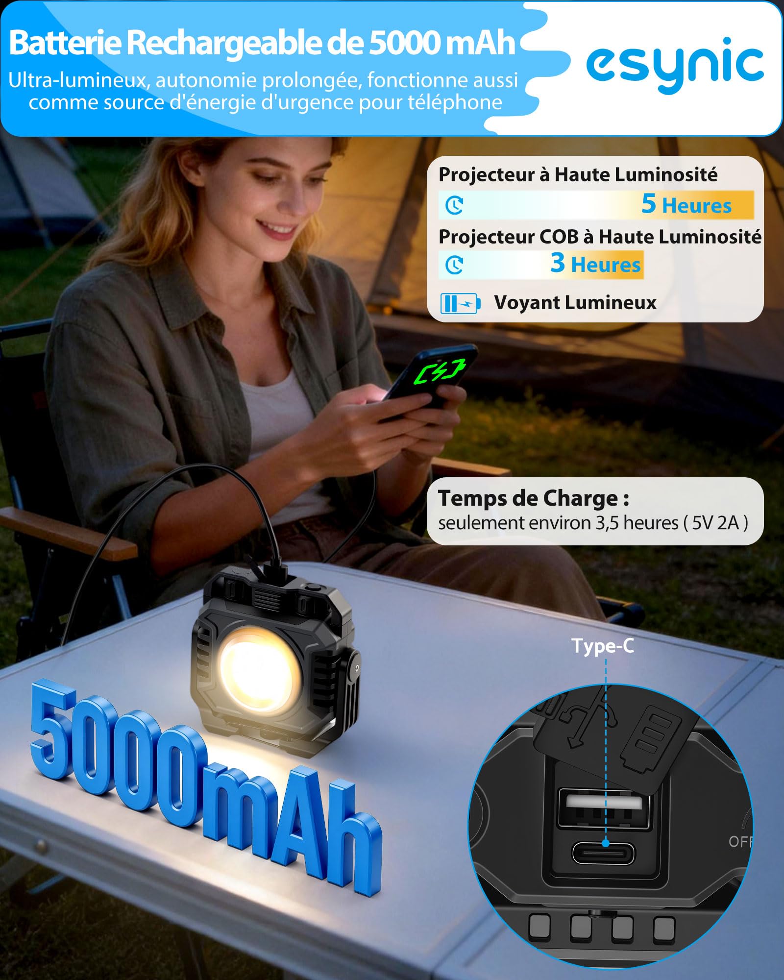 eSynic 2pcs Lampes de Travail LED Portable Rechargeable 5000mAh Lampe de Chantier Projecteur 1500LM et Lampe Torche 600LM Base Magnétique Support à 360° 2700-8000K Étanche IP65 pour Réparation Camping