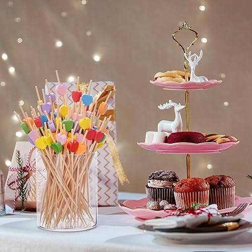 Miniatura 4 de JtmyAota Paquete de 100 palillos de dientes de frutas, palillos de bambú en forma de corazón, palillos de bambú natural para aperitivos, pastel de