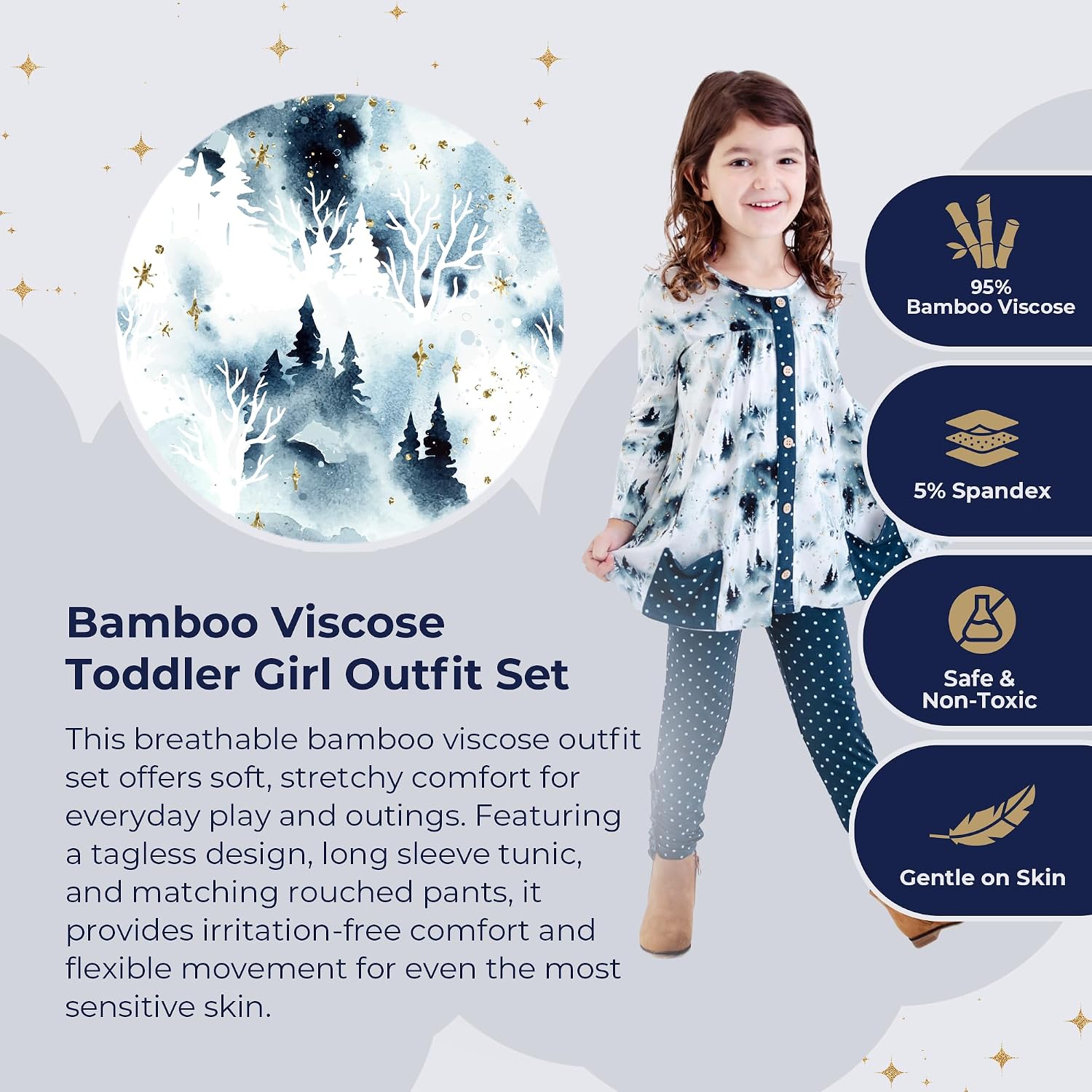 Dreamiere Girls' Long Sleeve Pocket Tunic and Rouched Pants Set - Soft Bamboo Viscose Toddler Girl Outfit Clothing Set