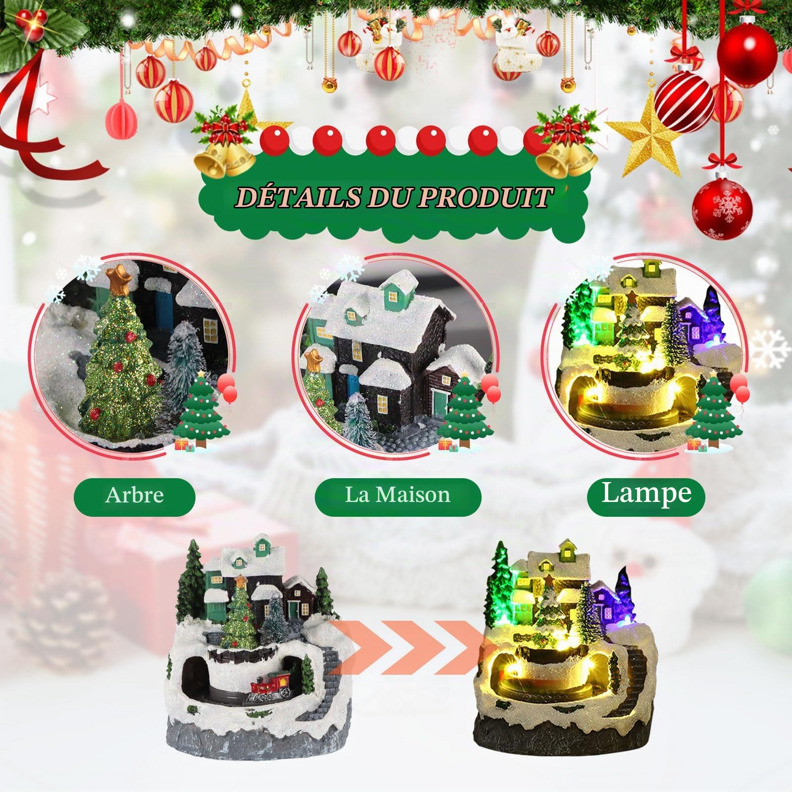Village de Noel Lumineux, Village de Noel Miniature avec LED, Musical et Treno Tournant Animé, Alimentation par Batterie et USB Village Noel Petite maisons de Noël pour Fête de Noël Decoration
