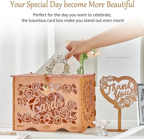 Miniatura 10 de Caja de madera para tarjetas de boda con cerradura (blanco, 12 pulgadas), caja de dinero sobre para recepción de boda, baby shower y fiesta de