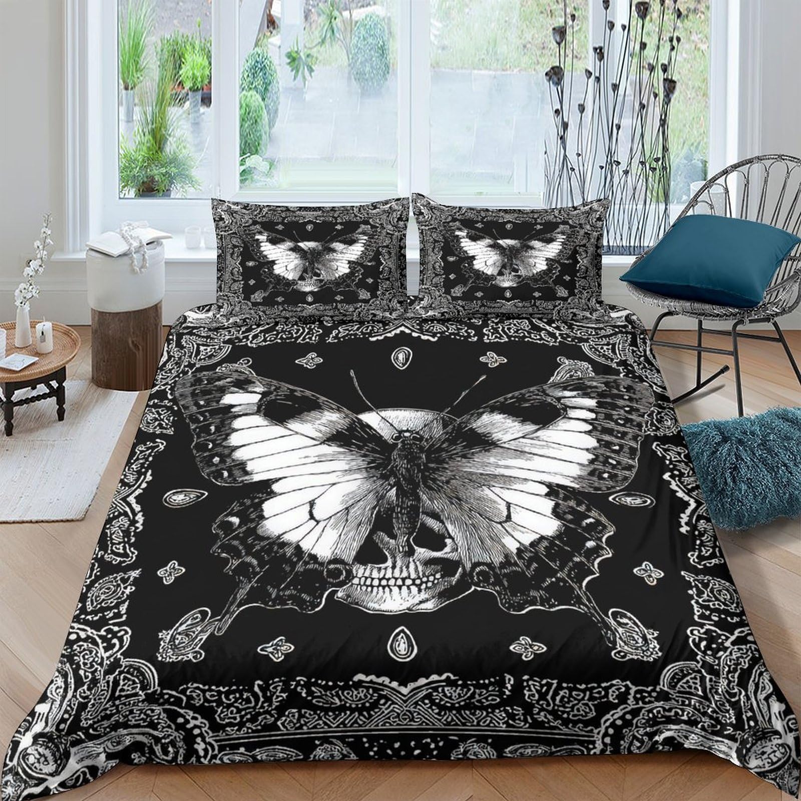 Ctjqhvkz Style-7 3D Printed Skull Butterfly Fitted Sheet Microfiber Black Gothic Bed Cover For Bedroom Dorm Mattress Decor Single（135X200cm）