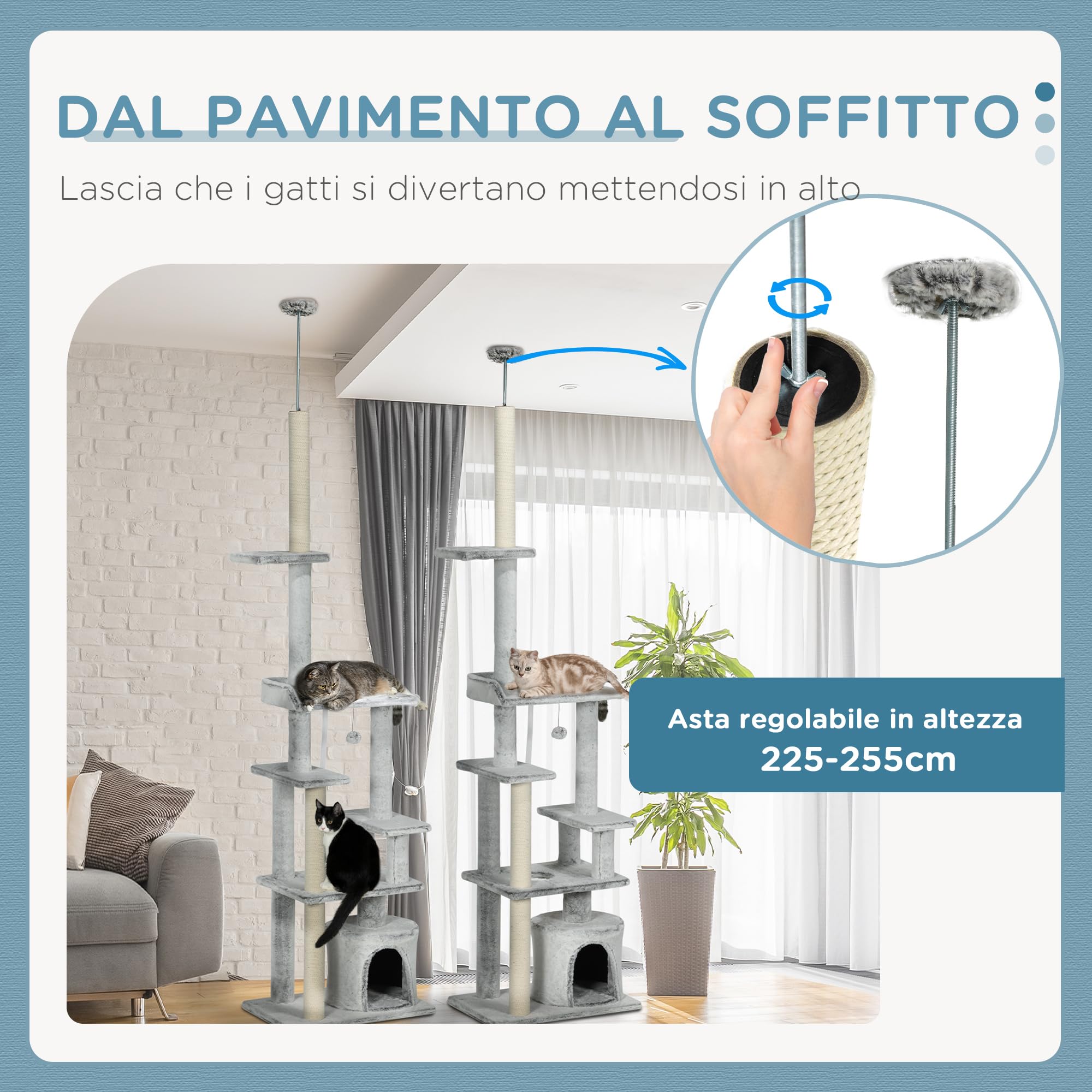 PawHut Tiragraffi per Gatti a Soffitto con Casetta 60x40x225-255cm Grigio | Albero per Gatti da Pavimento, 6 Livelli, Pali Tiragraffi