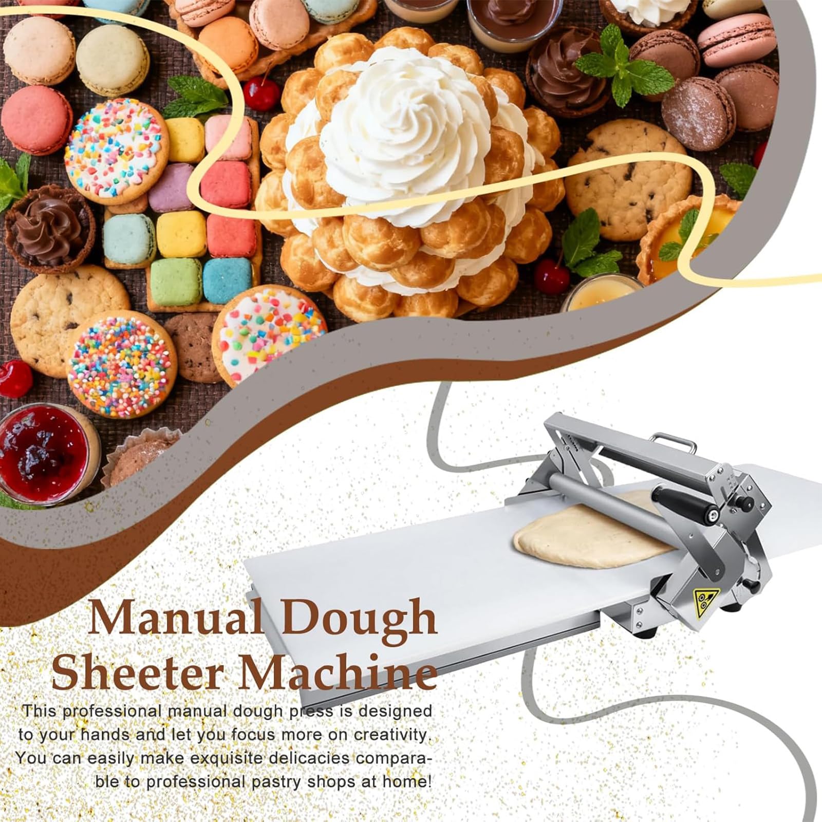 Laminoir à pâte Manuel Pliable, Rouleau à pâtisserie en Acier Inoxydable avec épaisseur réglable de 0 à 25 mm, Usage Commercial et Domestique, pour Pizzas, Croissants et pâtisseries TypeB