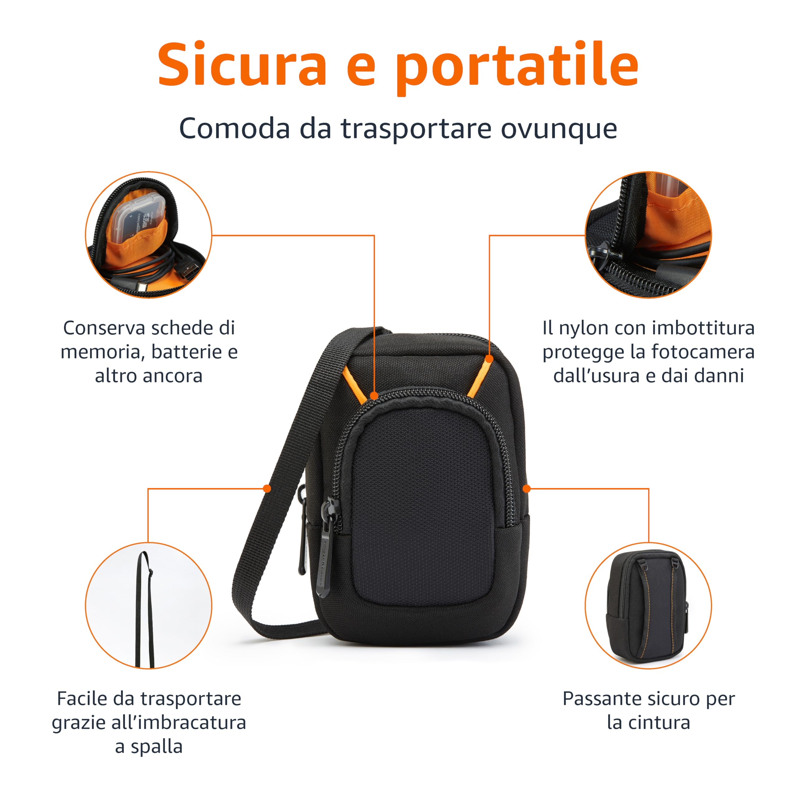 Amazon Basics Custodia per Fotocamera Digitale Compatta Grande con Imbottitura Interna per Fotocamere di 13,2 x 8,1 x 2,5 cm, Nero, Tinta Unita, Piccolo