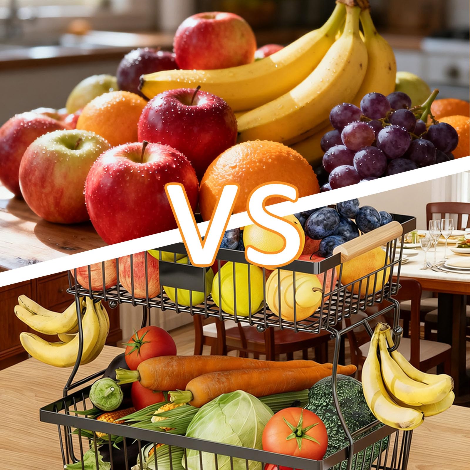 Portafrutta a 2 Ripiani in Metallo, Cestino Portafrutta a 2 Ripiani, Cestino per la Frutta Rimovibile, Fruttiera Moderna con Maniglie in Legno, Include 2 Ganci, Adatto per Snack, Verdure e Pane