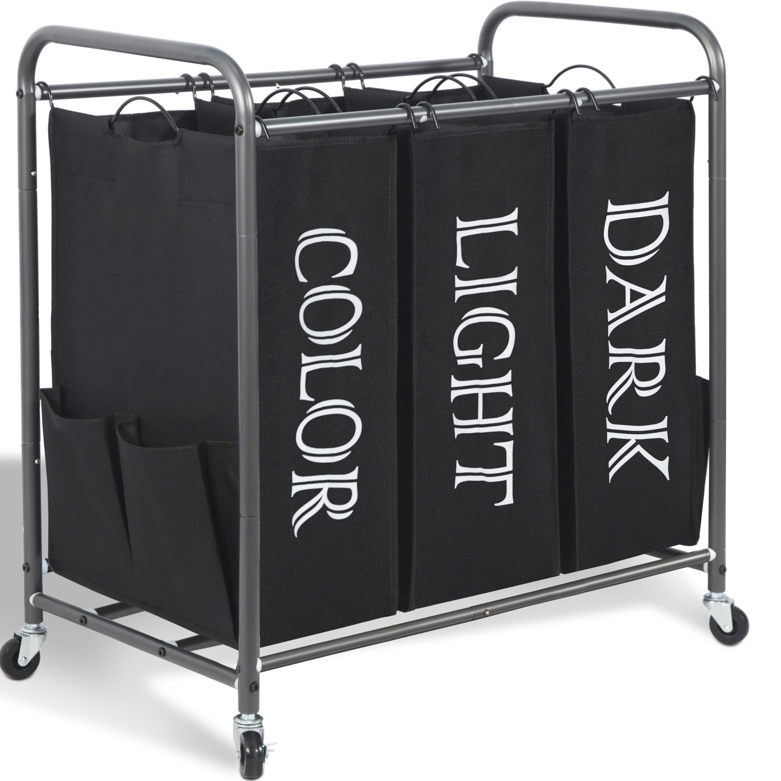 STORAGE MANIAC 3 Section Laundry Sorter, 3 Bag Laundry Hamper Cart with Heavy Duty Rolling Lockable Wheels and Removable Bags, Black