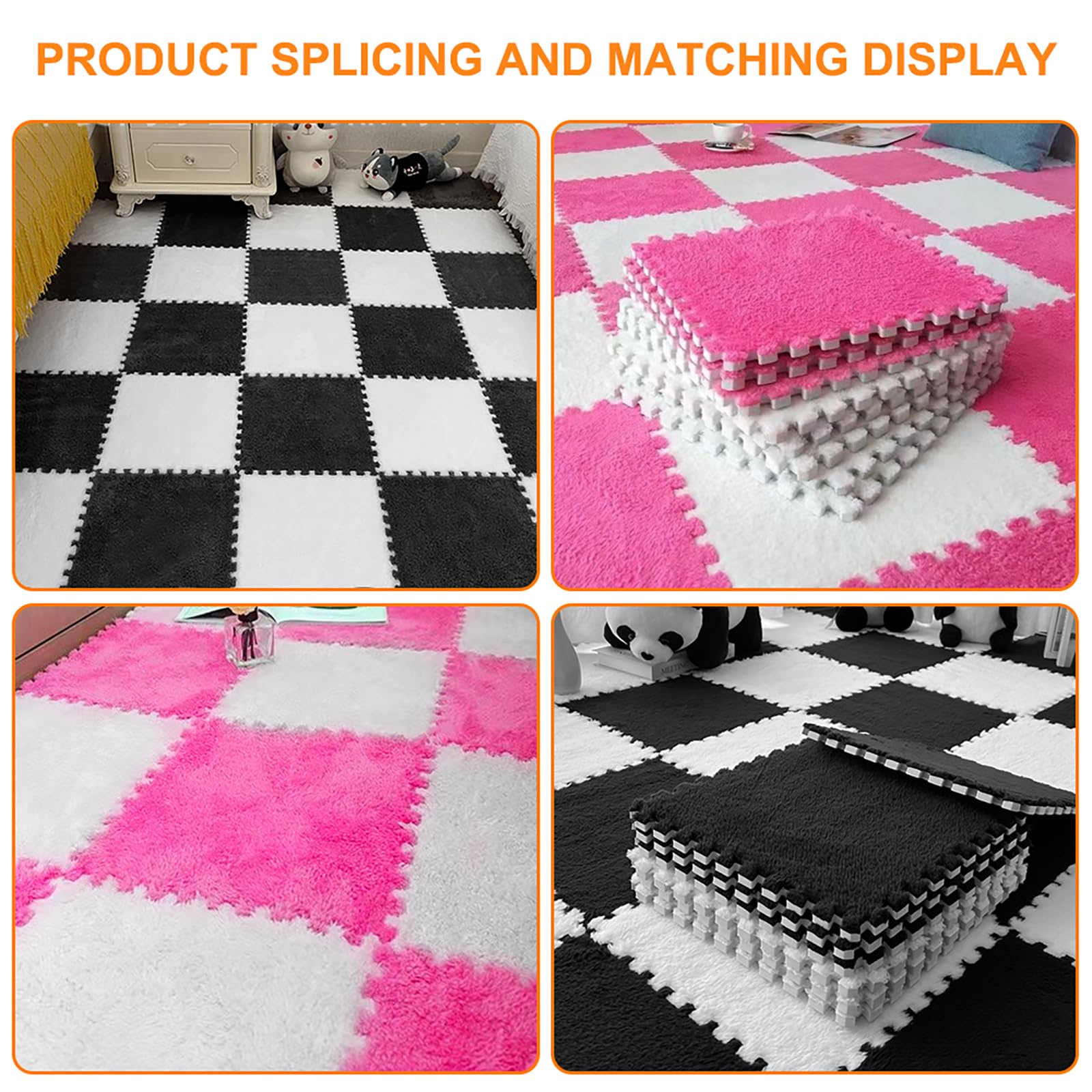 12 tappetini in schiuma di peluche a incastro, 30 x 30 cm, per piastrelle, puzzle, per soggiorno, camera da letto, colore nero