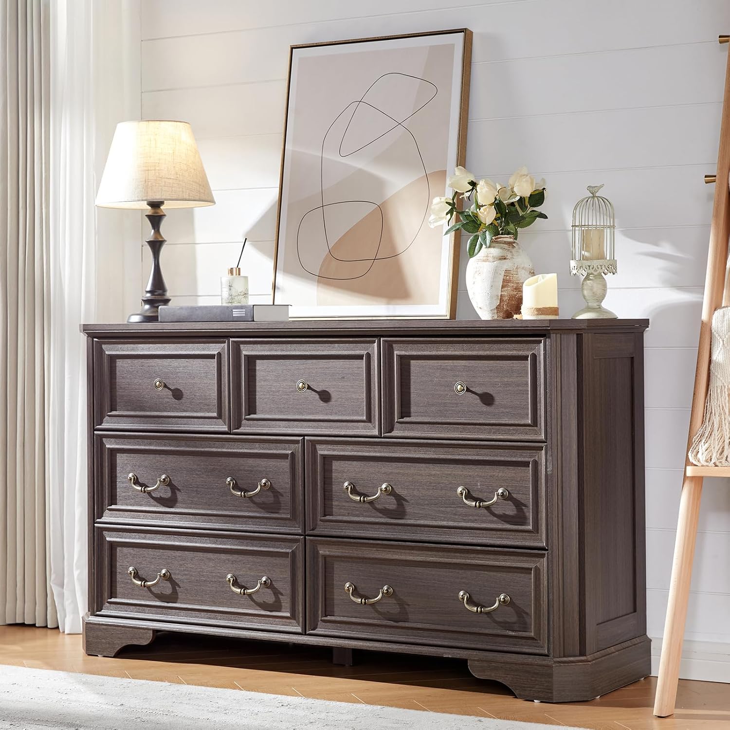 Farmhouse 54" Wide 7 Drawers Dresser for Bedroom, Wood Rustic Chest of Drawers with Corner Bevel Shape, Closet Storage Dressers Organizer for Bedroom, Living Room, Hallway, Dark Brown