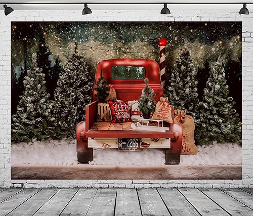 Miniatura 2 de BELECO Telón de fondo rojo de Navidad de 12 x 8 pies para fotografía, bosque nevado de invierno, regalos de automóvil, camión, Navidad, fondo de