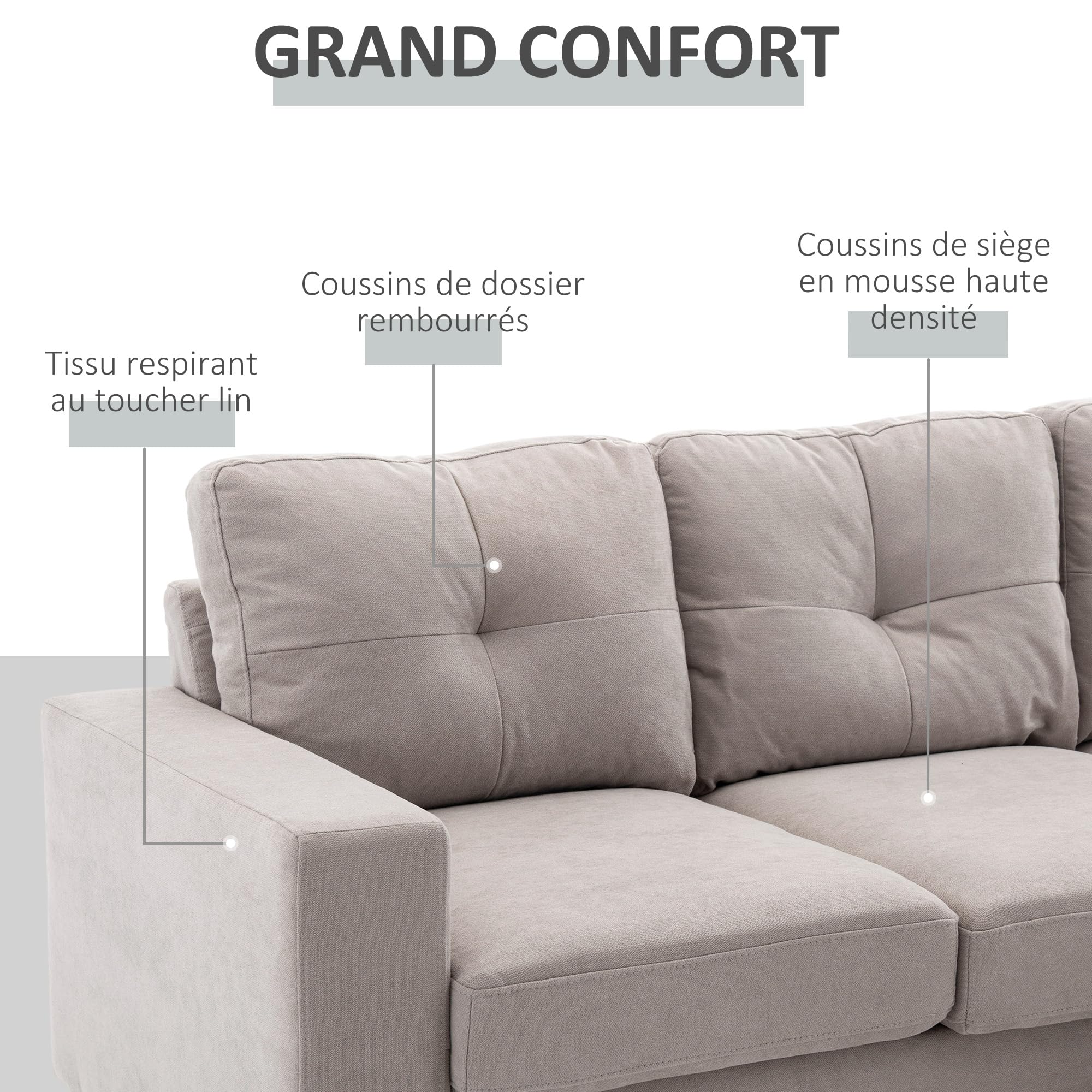 HOMCOM Canapé d'angle en Tissu de Lin, canapé 3 Places, Chaise Longue Reversible Gauche ou Droite, 193 cm, Design scandinave, pour Salon, Appartement, Petit Espace, Pieds en Bois Massif, Gris Clair