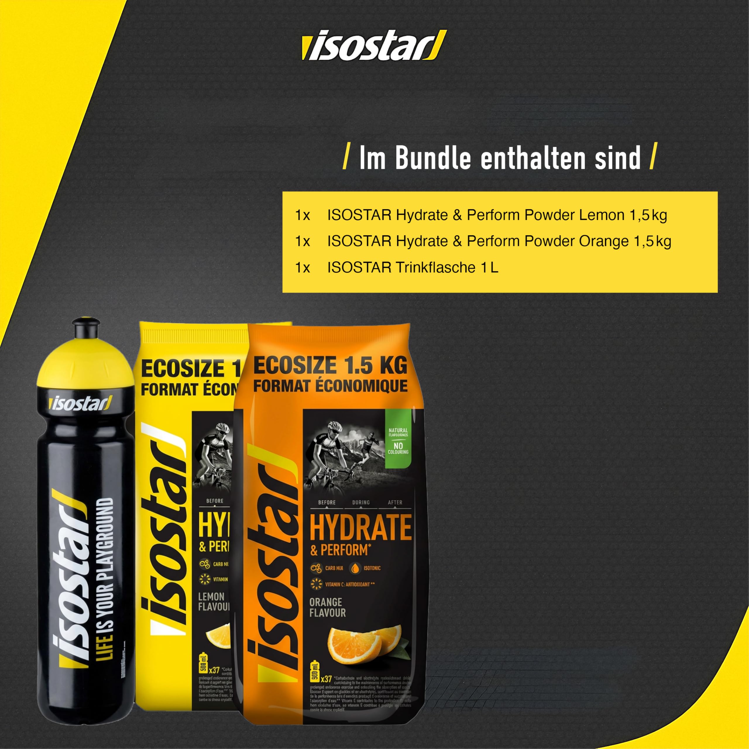 Isostar Hydrate & Perform Powder 3er Bundle - 2x 1,5kg Lemon/Orange/Flasche