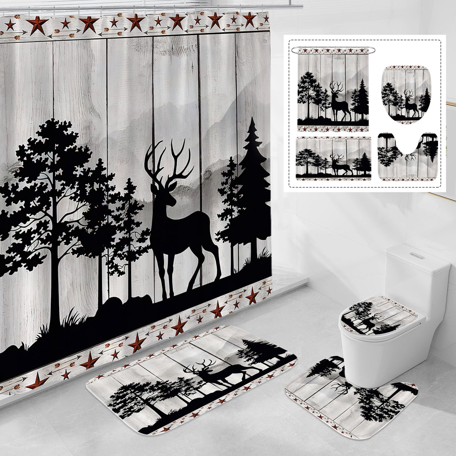 Litabel 4 Pcs Rustic Forest Deer Shower Curtain Set with Non-Slip Rugs, Toilet Lid Cover and Bath Mat, Wooden Country Bathroom Decor Set with Shower