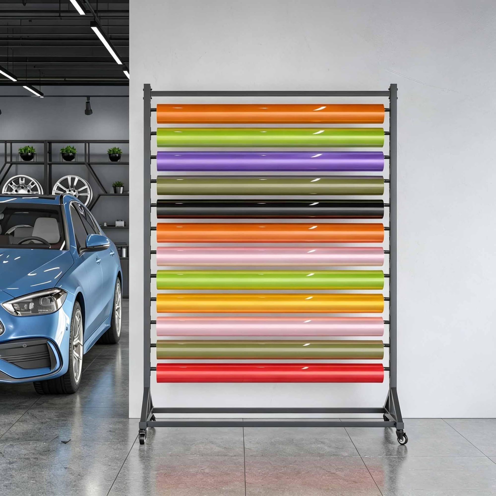 Porta rotoli di vinile da pavimento, organizer per materiali creativi, nero | 4 ruote, spaziatura regolabile, organizer resistente pellicole per auto che cambiano colore(14-tier)