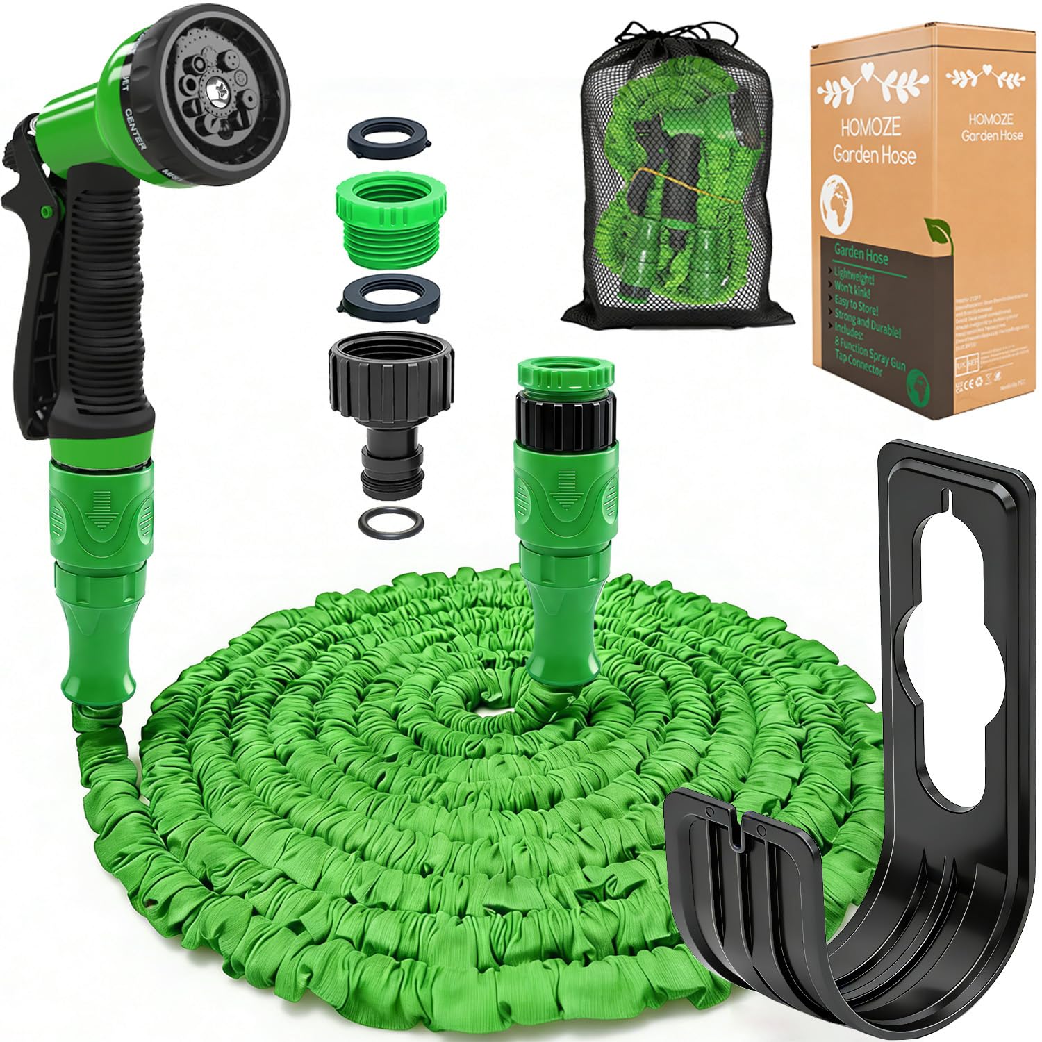 Homoze Green Garden Hose Pipe Expandable Garden Hose With 3/4", 1/2" Fittings, Anti-Leakage - Flexible Expanding Hose With 10 Function Spray Nozzle By (100Ft, )