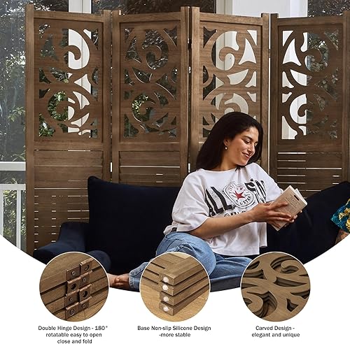 Miniatura 3 de Divisor de habitación de madera tallada para interiores, plegable, portátil, para hogar, oficina, jardín, terraza, 6 paneles, 67 x 90 pulgadas