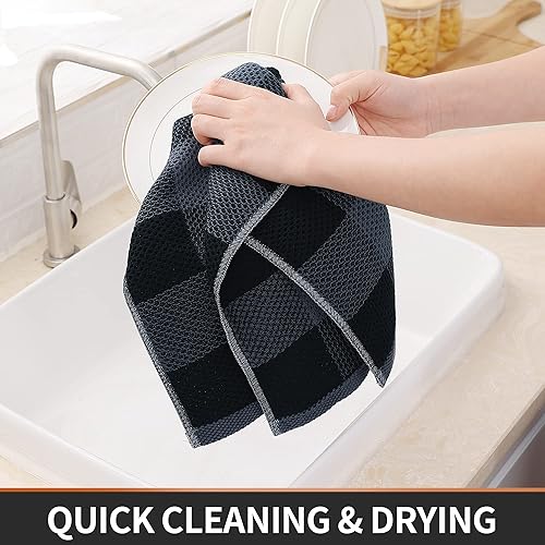 Miniatura 3 de Homaxy Toallas de cocina a cuadros de 100 % algodón, 13 x 28 pulgadas, súper suaves y absorbentes, para secar platos, paquete de 4, negro y gris