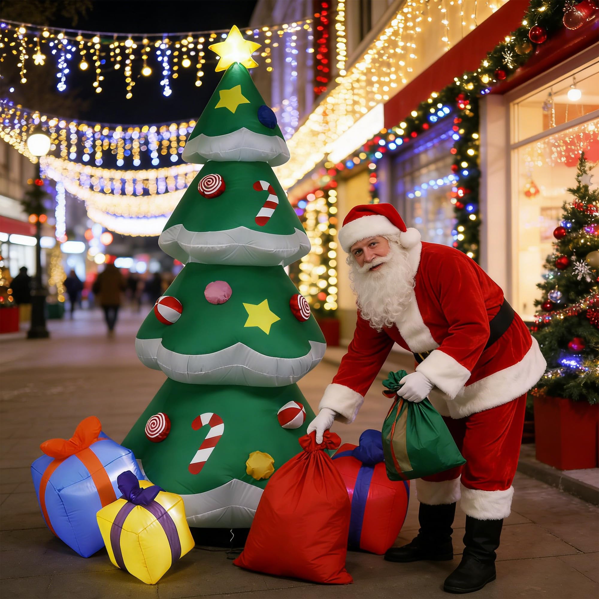 Árbol de Navidad Inflable con 3 Cajas de Regalo, Árbol de Navidad Grande con Luces, Construido en el Compresor de Aire, Decoración Inflable de Navidad para Patio, Jardín, Césped y Plaza