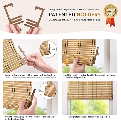 Miniatura 3 de LazBlinds Persianas de bambú sin cordón, persianas enrollables de bambú para ventanas, cortinas colgantes con filtro de luz, persianas de bambú para