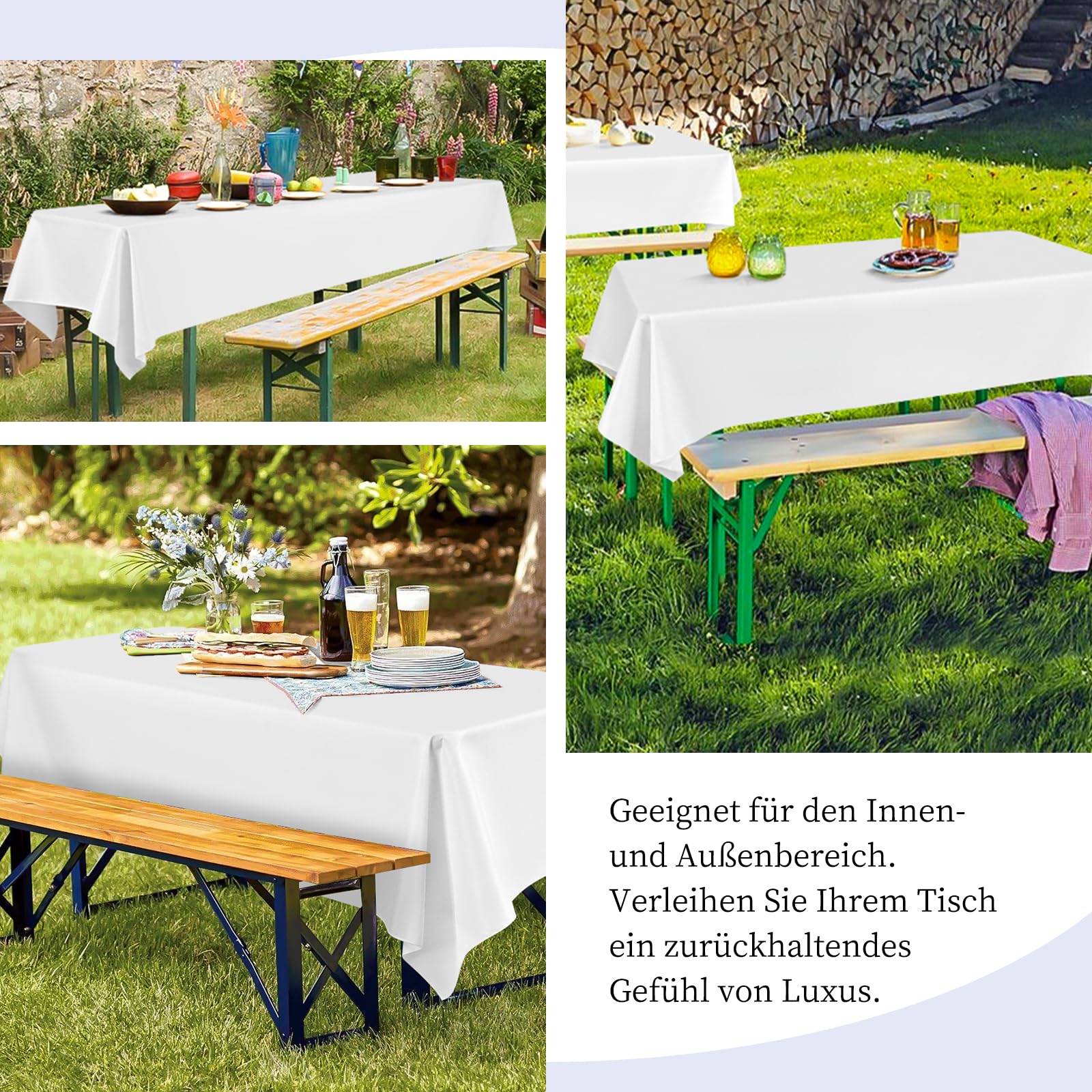12 manteles de cerveza blanca, 260 x 110 cm, mantel de poliéster, juego de tienda de cerveza, manteles rectangulares lavables para fiestas de jardín, fiestas de cumpleaños o barbacoas (blanco)
