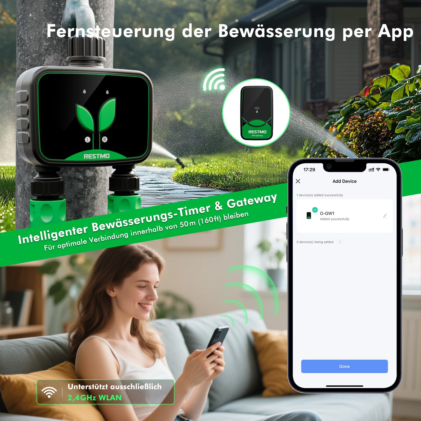Ordenador de riego WiFi, Temporizador de Agua programable para riego de jardín, 3 Modos de riego, Apto para grifos Exteriores y Sistemas de riego de césped, 2 Zonas | 3 modos de riego, grifo exterior y césped, control de aplicación, 2 zonas