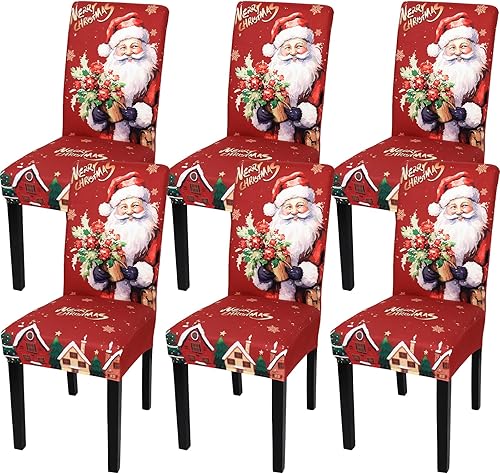 Weldomcor Juego de 6 fundas elásticas para sillas de comedor de Navidad, fundas protectoras rojas para asiento de cocina, decoraciones de elastano