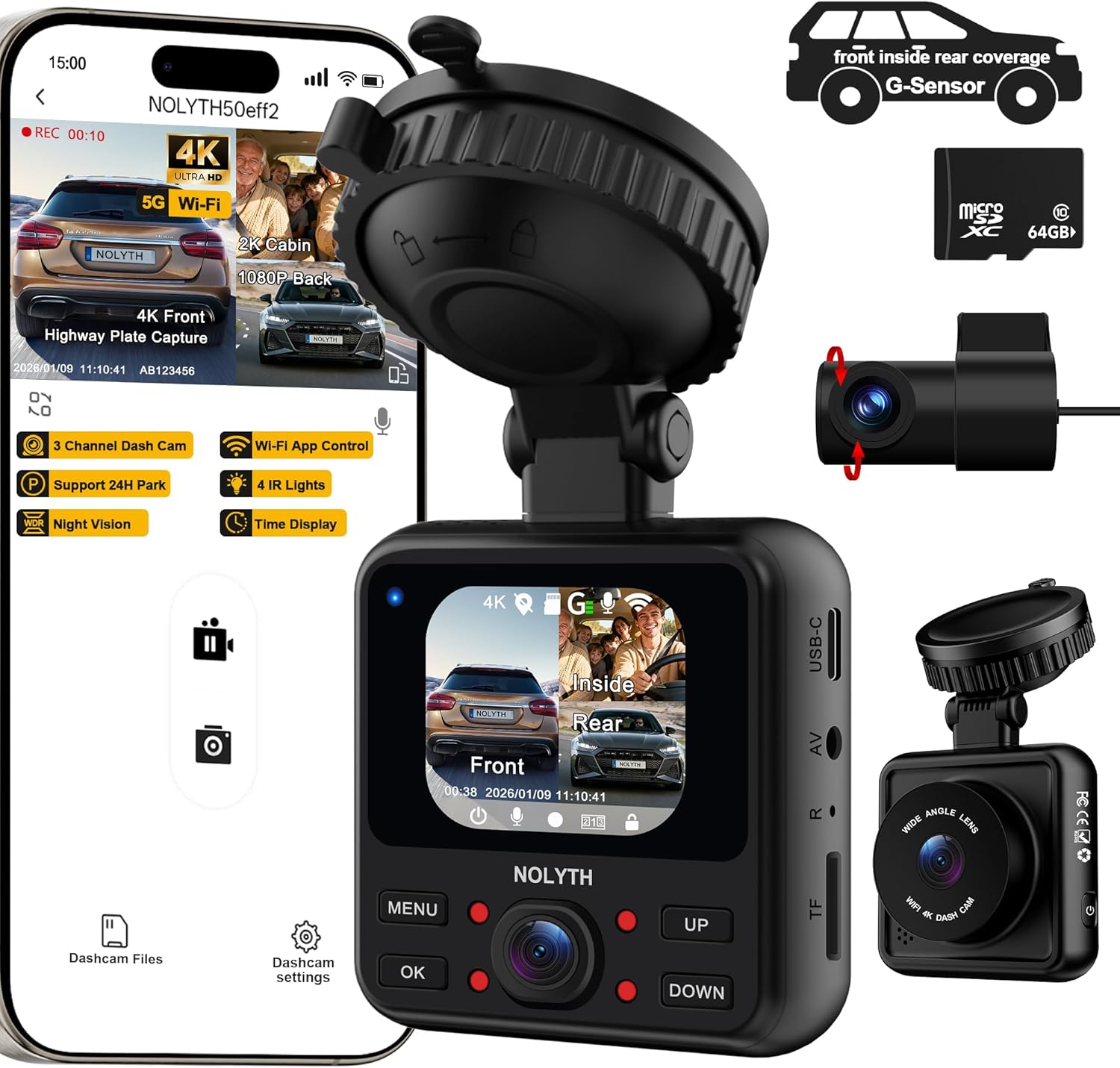 NOLYTH 4K 3-Channel Dash Cam with WiFi App