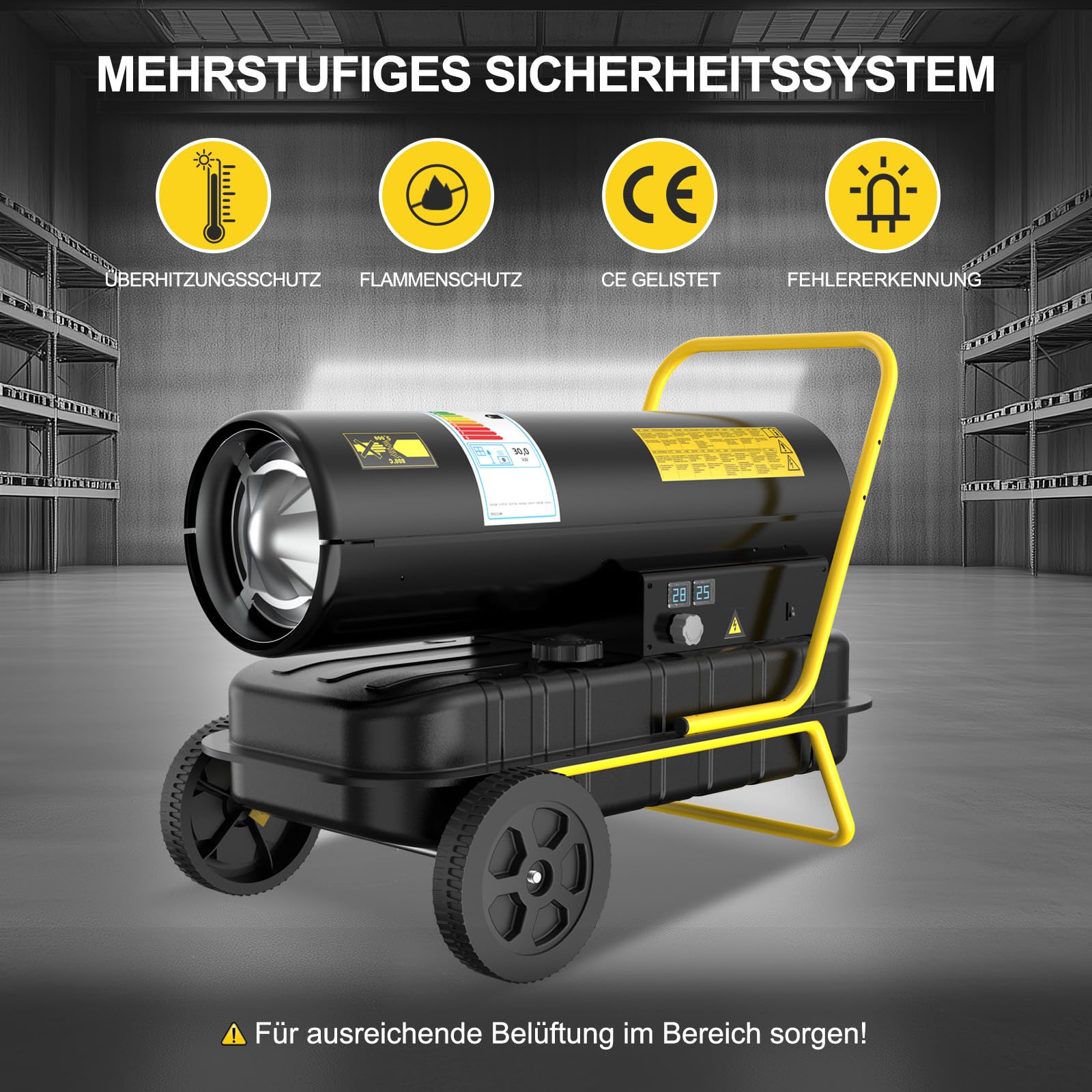 30 kW Heizkanone Diesel Bautrockner, Großtank Bauheizer, 750 m³/h Heizgebläse mit Thermostat, Ölbeheizung Heizlüfter für Werkstätten, Baustellen und landwirtschaftliche Betriebe