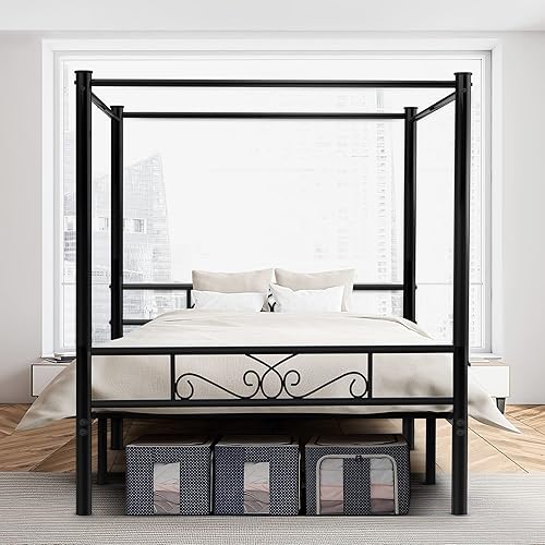 Marco de cama con dosel de metal de tamaño matrimonial, marco de cama con dosel de cuatro carteles con cabecera y estribo, estructura de listones de