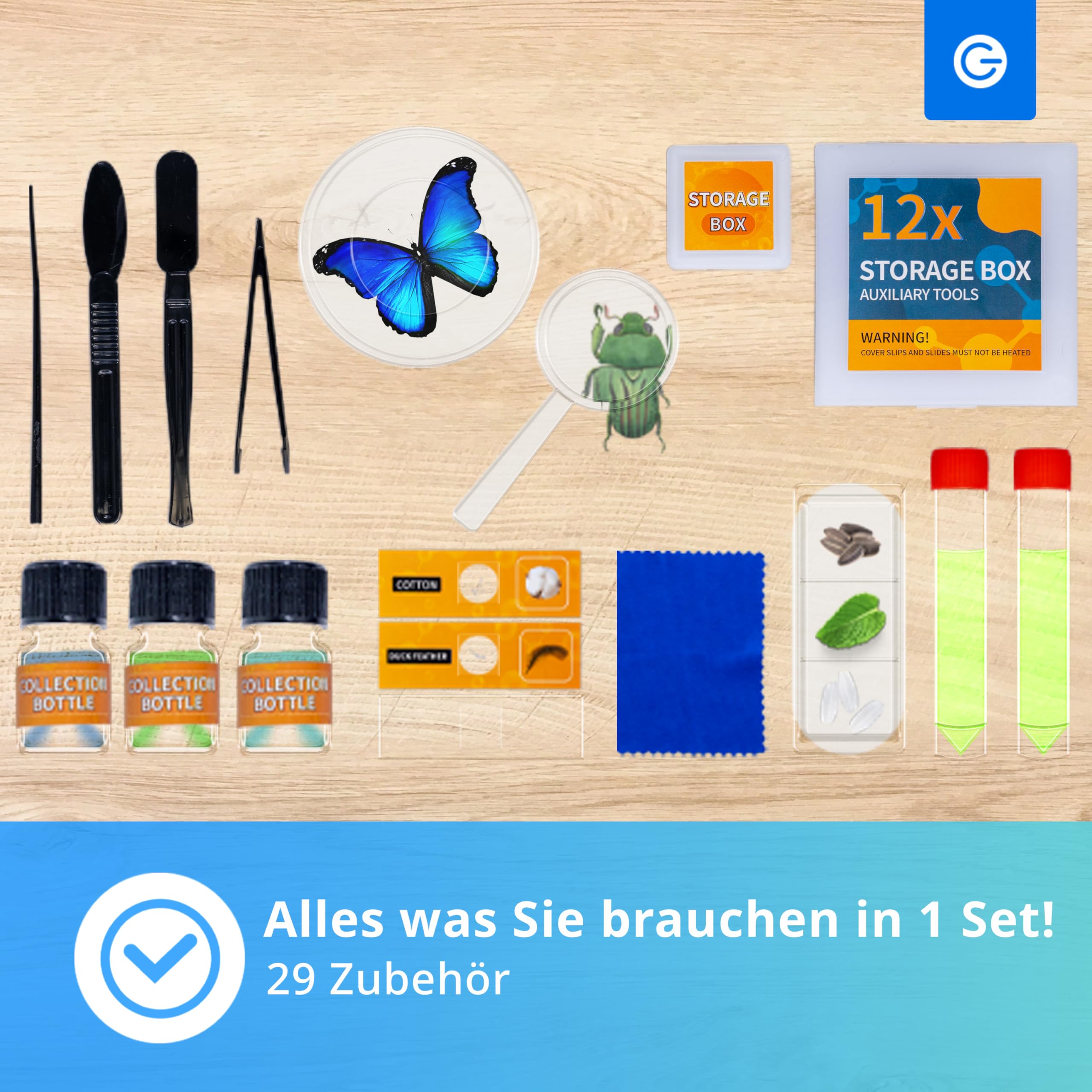 Silvergear® Mikroskop Set für Kinder | Mikroskop Erwachsene & Anfanger | mit 200x, 600x und 1200x Vergrößerung | Lernspielzeug | Biologie | 4 Farbfilter | Labor | inkl. 29 Zubehör | 14x8x22 cm | Weiß