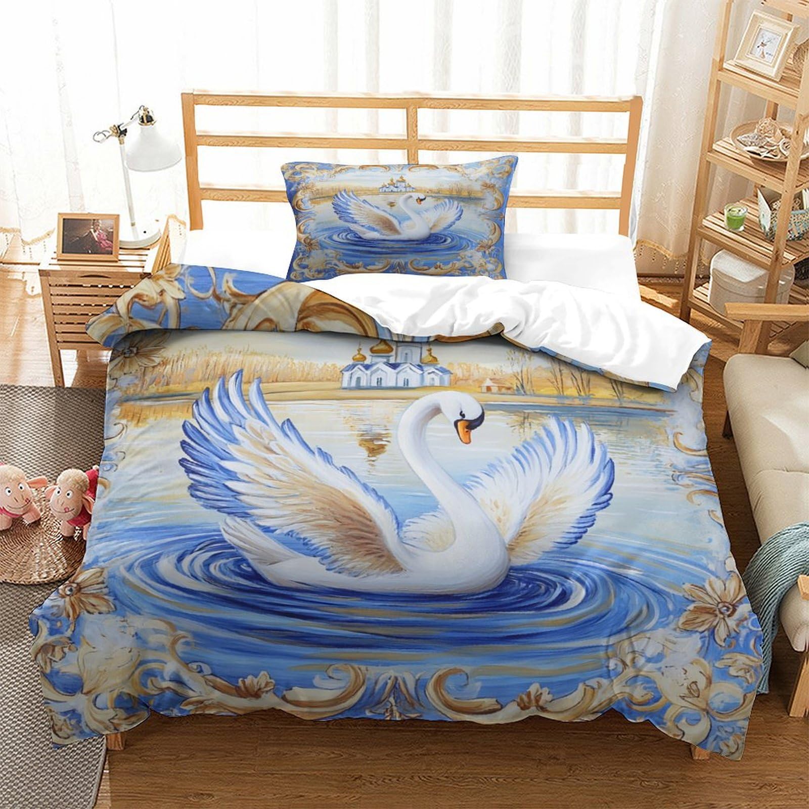 P1s9u7w5y Swan Elegant Lake 3D Printed Microfiber 3Pcs Duvet Cover Set Artistic Bedding Set Single（135X200cm）