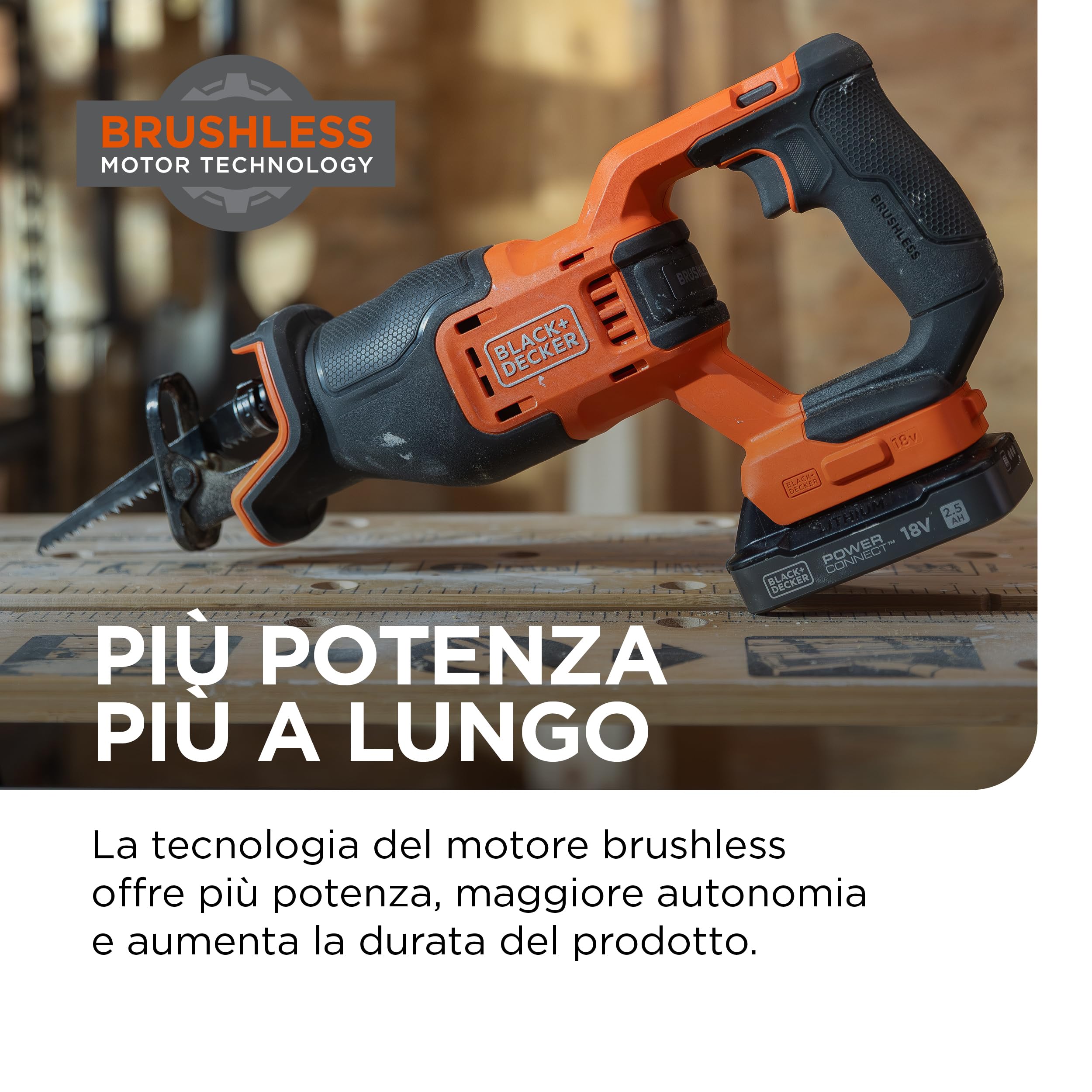 BLACK+DECKER Sega a gattuccio a batteria Brushless con luce di lavoro a LED e 6 lame per sega a gattuccio incluse, solo unità - senza batteria, BLCR78NAZ-XJ