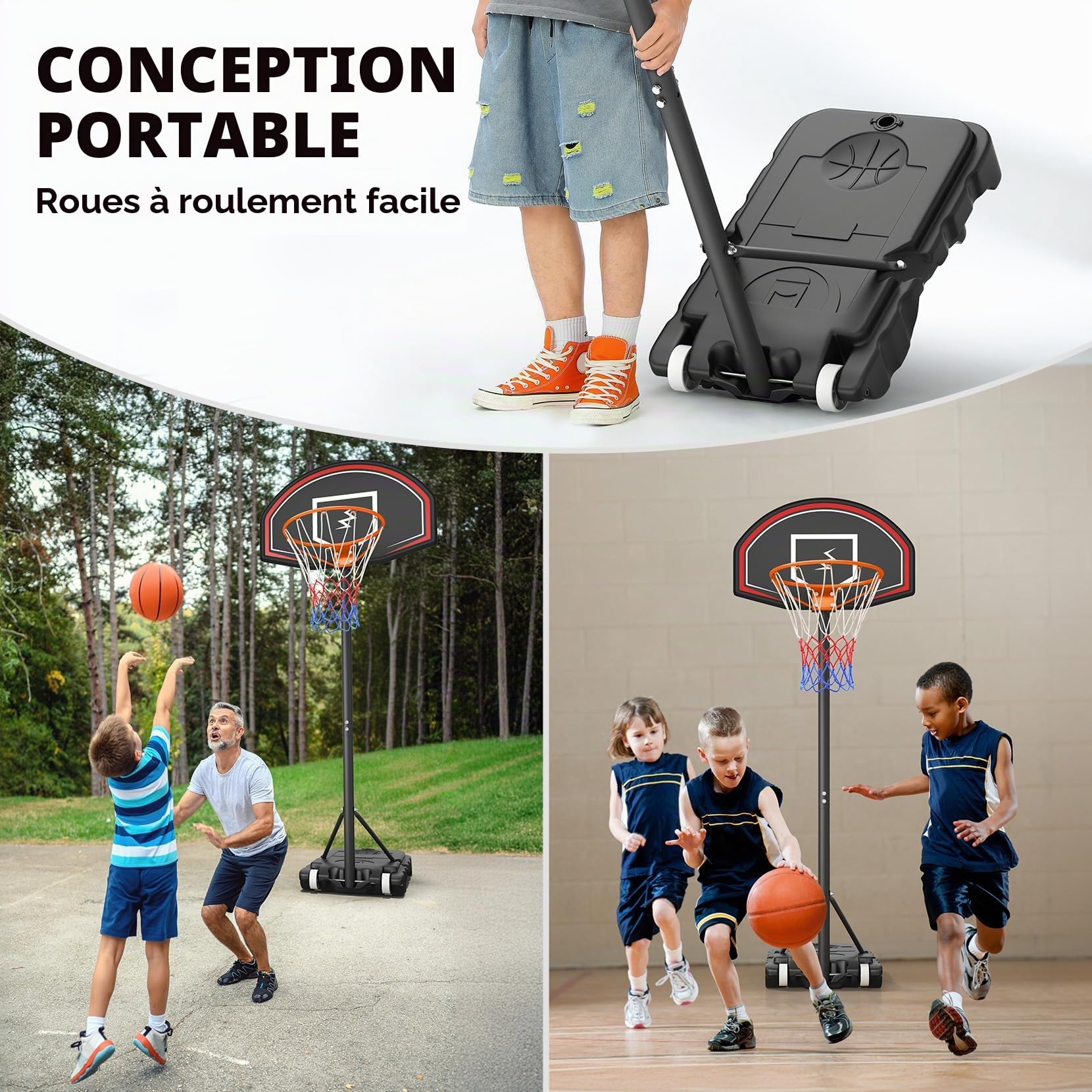 YOLEO Panier de basket extérieur pour enfants, réglable 160-210 cm, système Net System sur roues