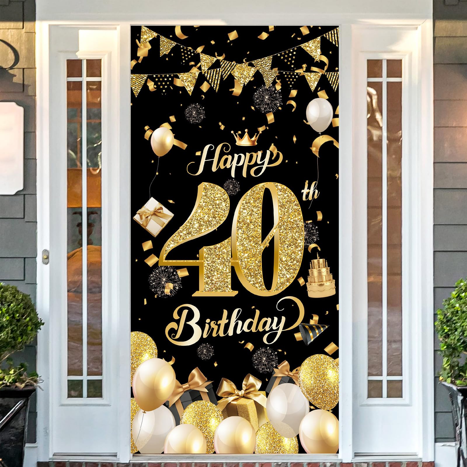 POPOYU 40. Geburtstag Deko,Großer Stoff 40. Geburtstagsfeier Dekorationen,Schwarzes Gold 40. Geburtstag Banner Hintergrund Fotohintergrund Poster