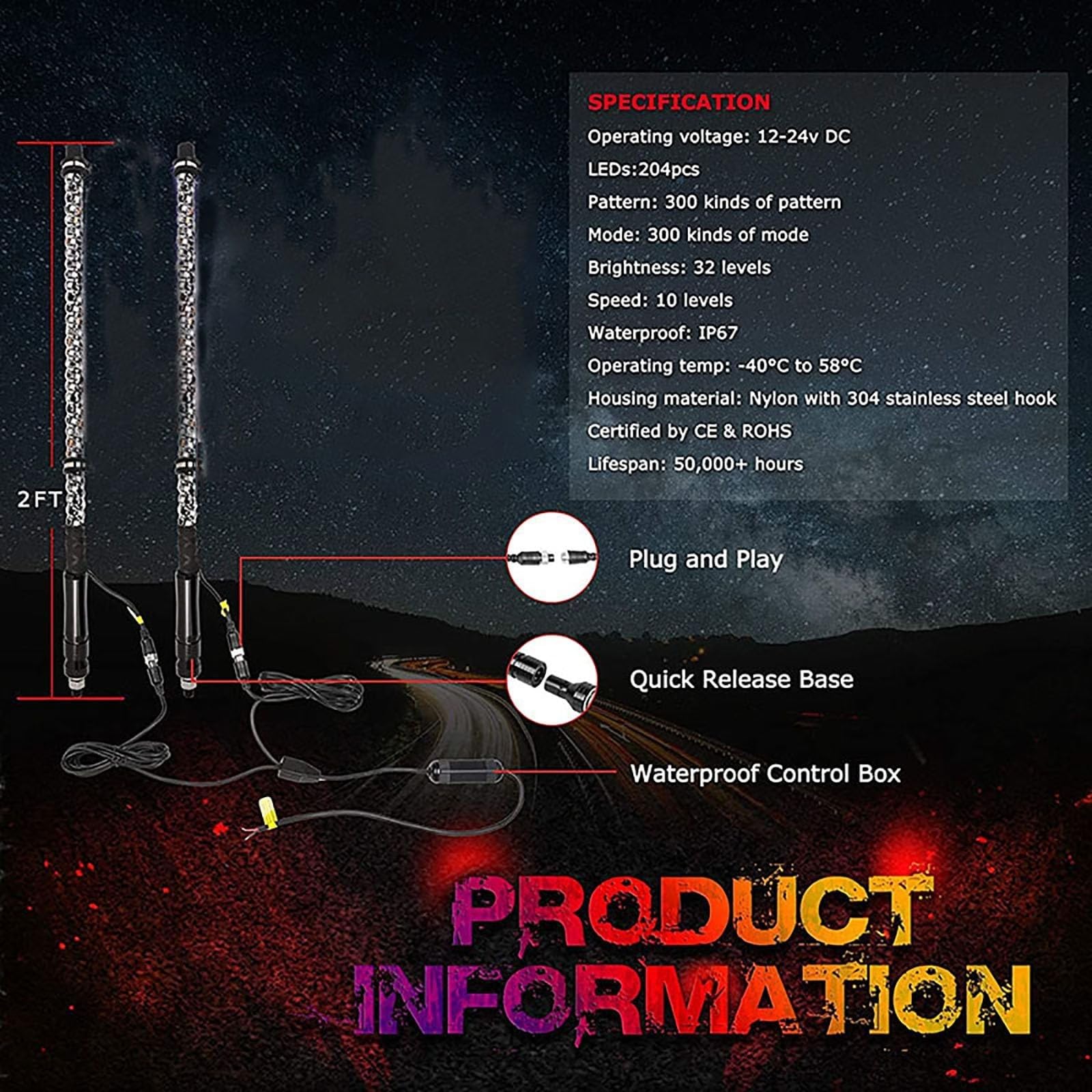 2 Szt. Światła Biczowe LED, Bicz Antenowy Z Oświetleniem RGB Z Pilotem, Funkcja Obsługi Aplikacji, Wodoodporne Światło Masztu Do Ciężarówki UTV ATV Dirt Bike(120cm)