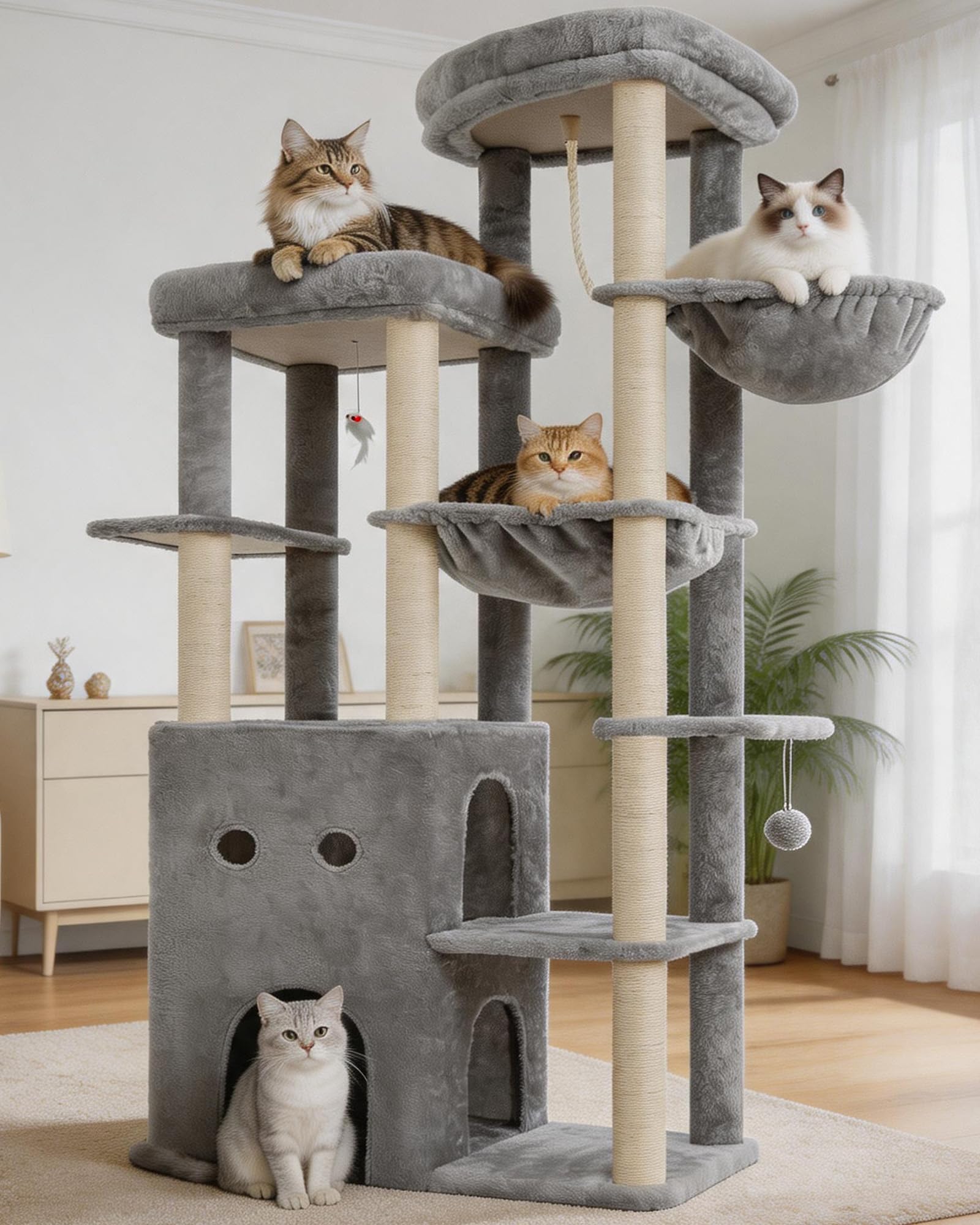 Heybly Árbol para Gatos 177 cm con 2 Plataformas Cesta Hamaca Cueva | 2 plataformas superiores,cueva doble,pelota y ratón de juguete,felpa suave,postes de sisal,para interior, Gris Claro HCT065W