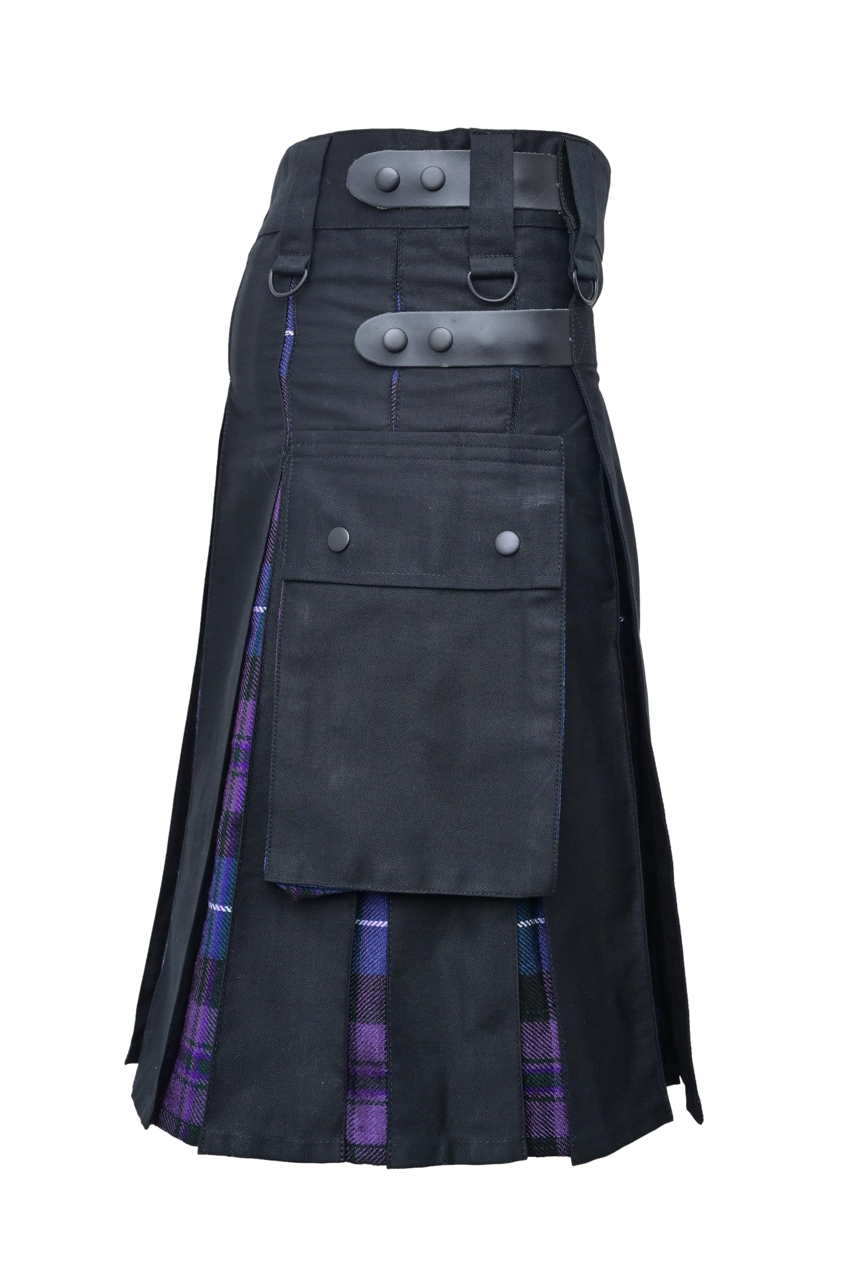 Men's Plus Size Scottish Hybrid Black Cotton & Tartan Utility Kilt with Leather Straps