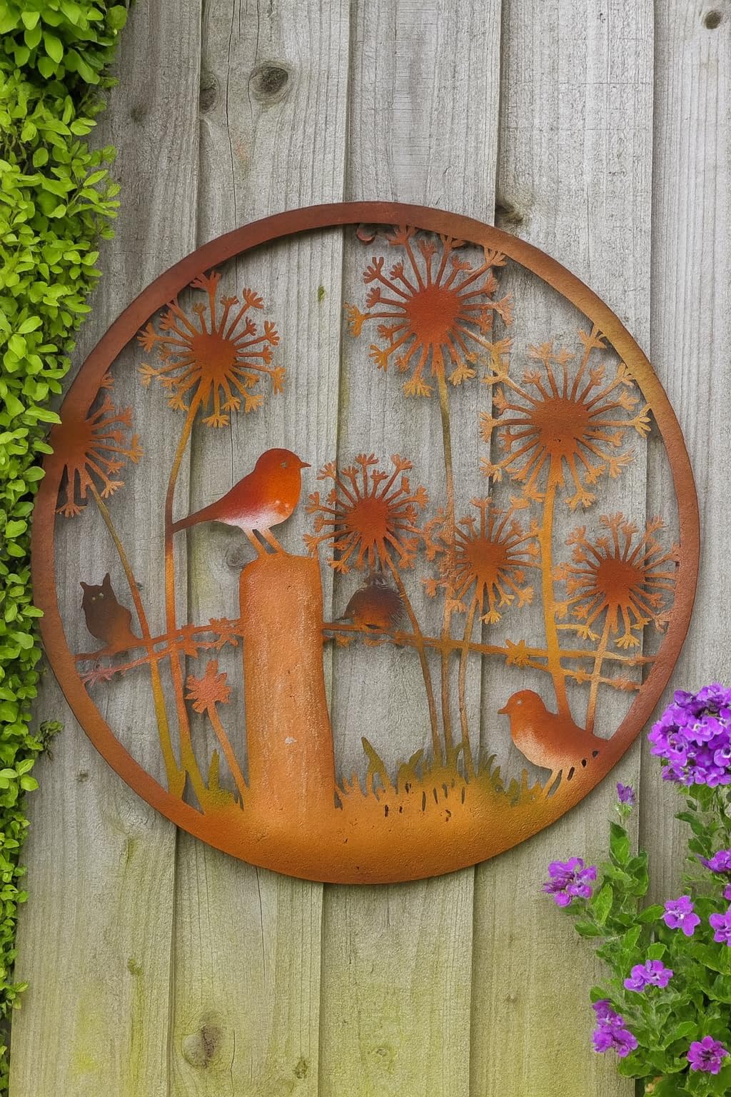 Marissa's Garden & Gift Copper Rustic Metal Garden Wall Art, Robin Birds And Dandelions Design, Rust Coloured Finish, 60Cm Round Wall Plaque, Indoor Outdoor Decor Powder Coated Metal