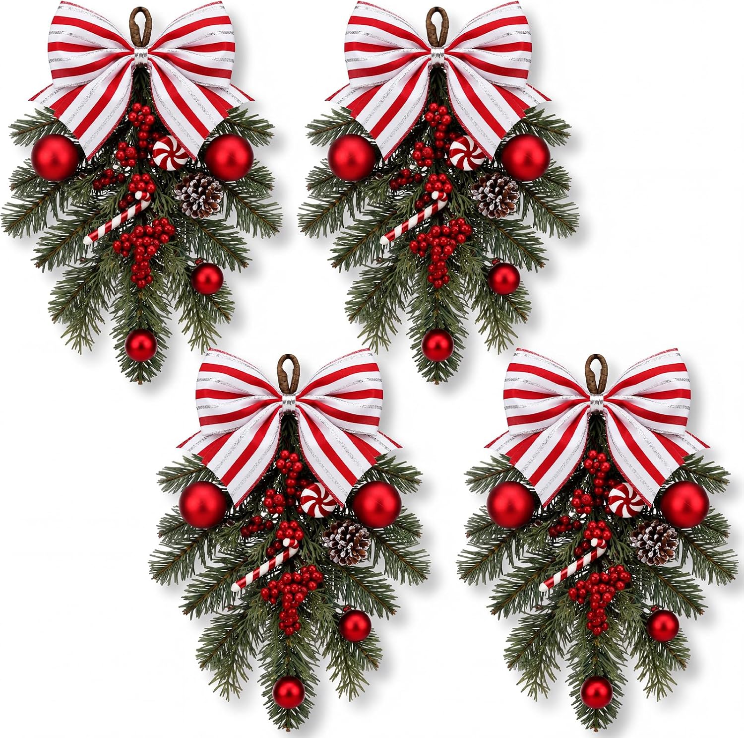 Suncalla 4 Pcs Christmas Kitchen Cabinet Swag Teardrop Decor, Tartan Plaid