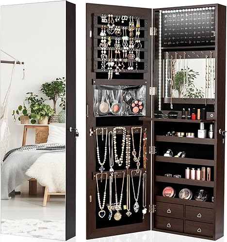 CHARMAID Armario de joyería con tira LED con espejo de longitud completa de 47.2 pulgadas de alto, organizador de joyas montado en la paredpuerta