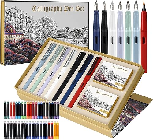 GC Quill Set de 7 bolígrafos de caligrafía con diferentes puntas y 40 cartuchos de tinta, juego de caligrafía para principiantes, MU-09