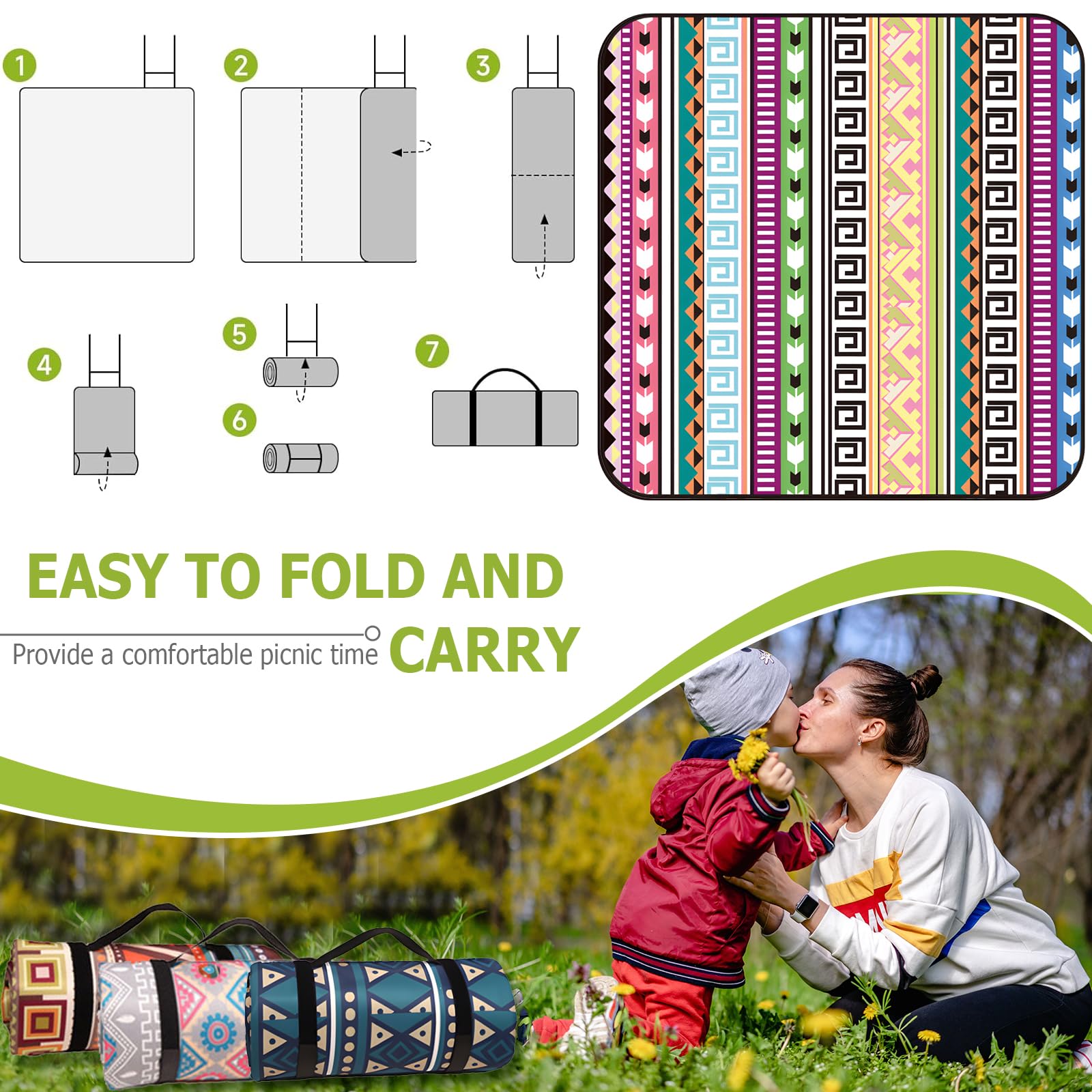 270 x 270 cm, coperta da picnic, fondo impermeabile, tappetino da picnic extra large, stile bohémien, pieghevole, lavabile in lavatrice, per esterni, picnic, giardino, spiaggia, campeggio
