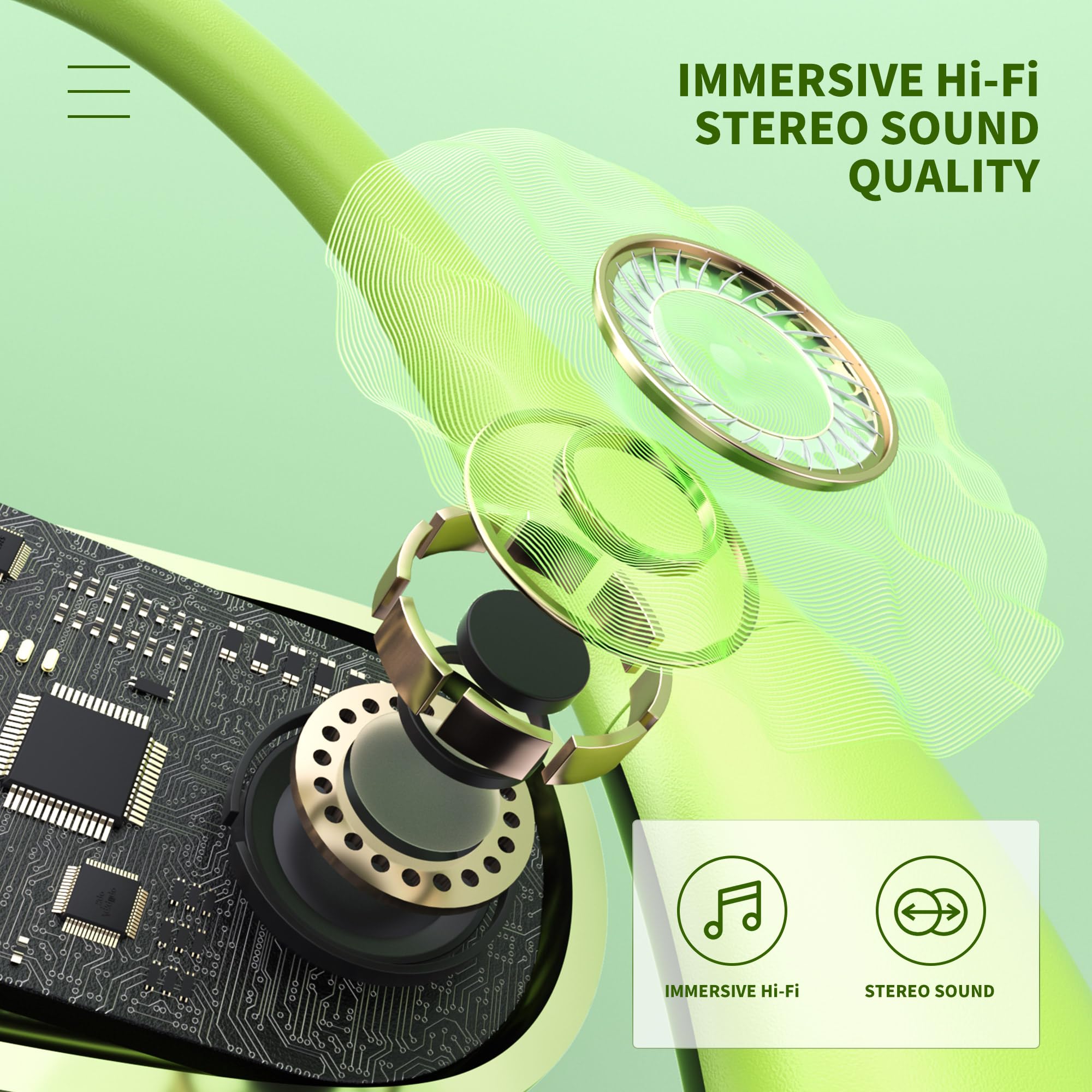 Cuffie Bluetooth, Auricolari Bluetooth 5.3 Stereo HiFi con 4 ENC Mic, 60 Ore di Durata, Cuffiette Bluetooth Cancellazione Rumore,Touch Control, IPX7 Impermeabili Cuffie Wireless (Green)