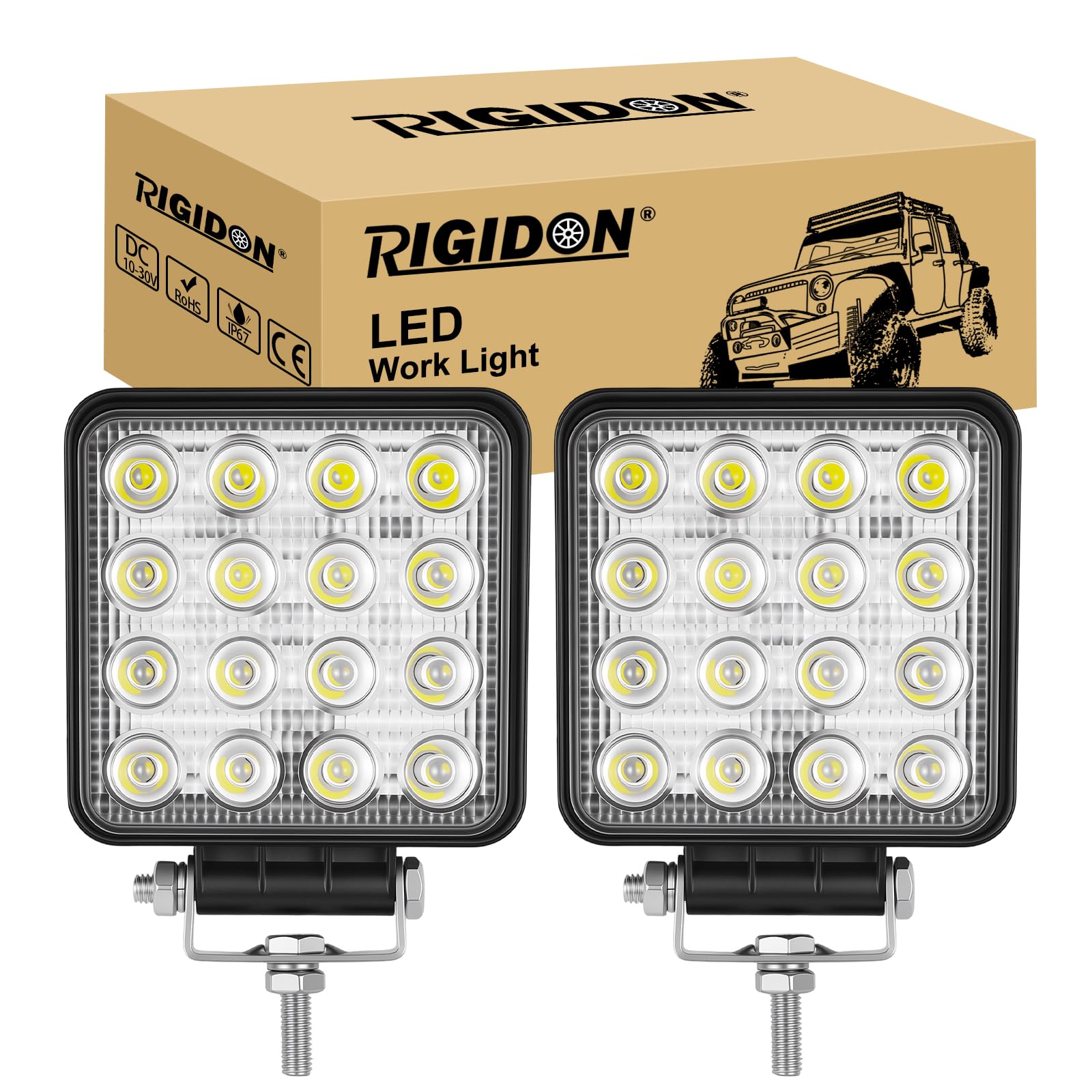 RIGIDON Kwadratowe oświetlenie robocze LED, 10 cm, 48 W, wiązka powodziowa, 12 V, 24 V, lampa do samochodu, terenowego, łodzi, ciężarówki, 4 x 4 SUV, ATV, ciągników, koparki, 6000 K, białe, lampa